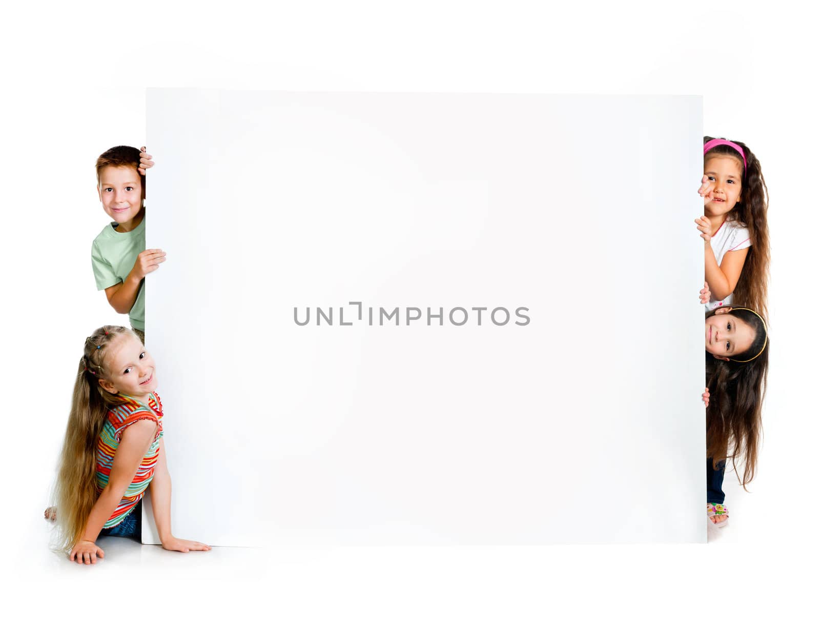 kids beside a white blank for text or image