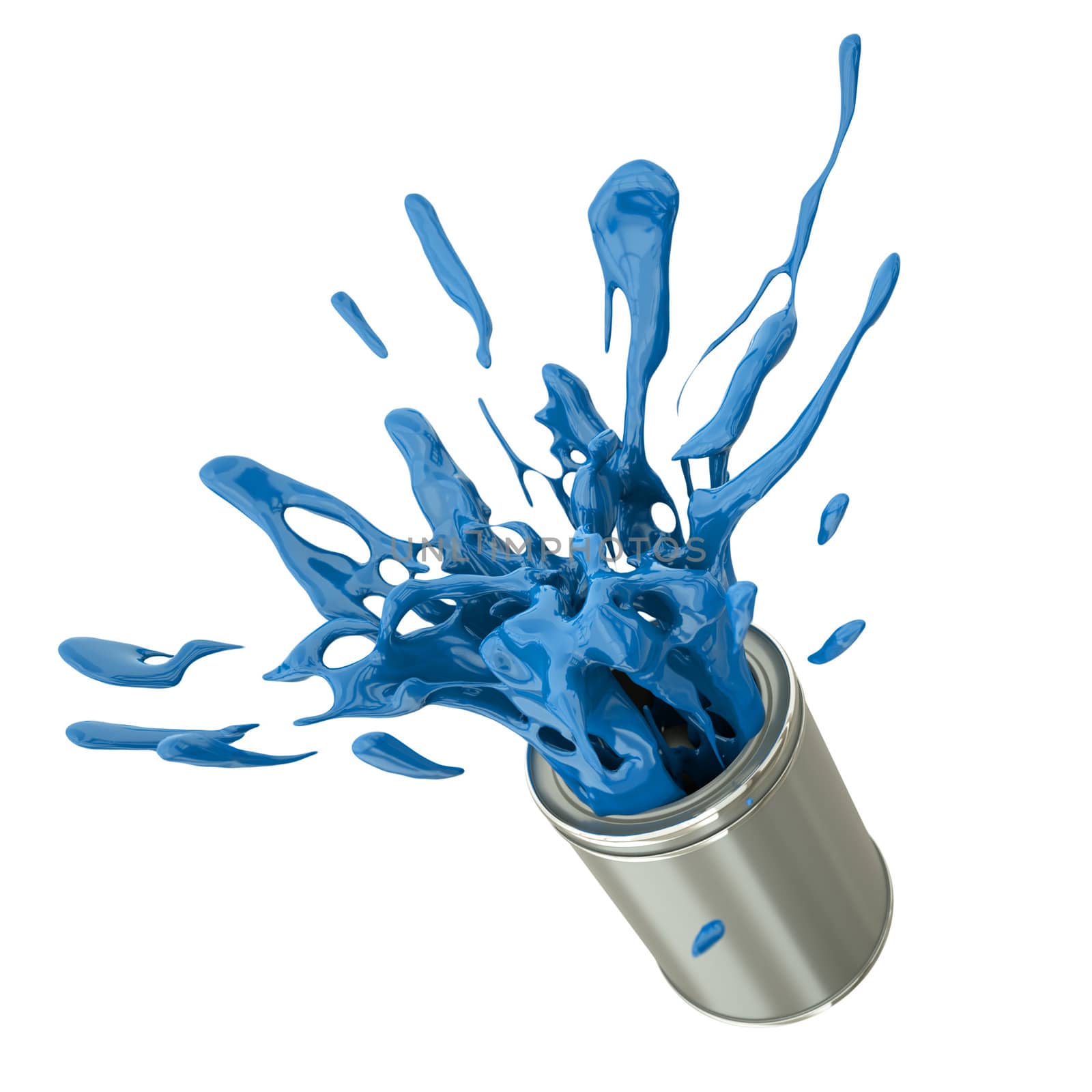 Blue paint splashing out of can. 3D render.