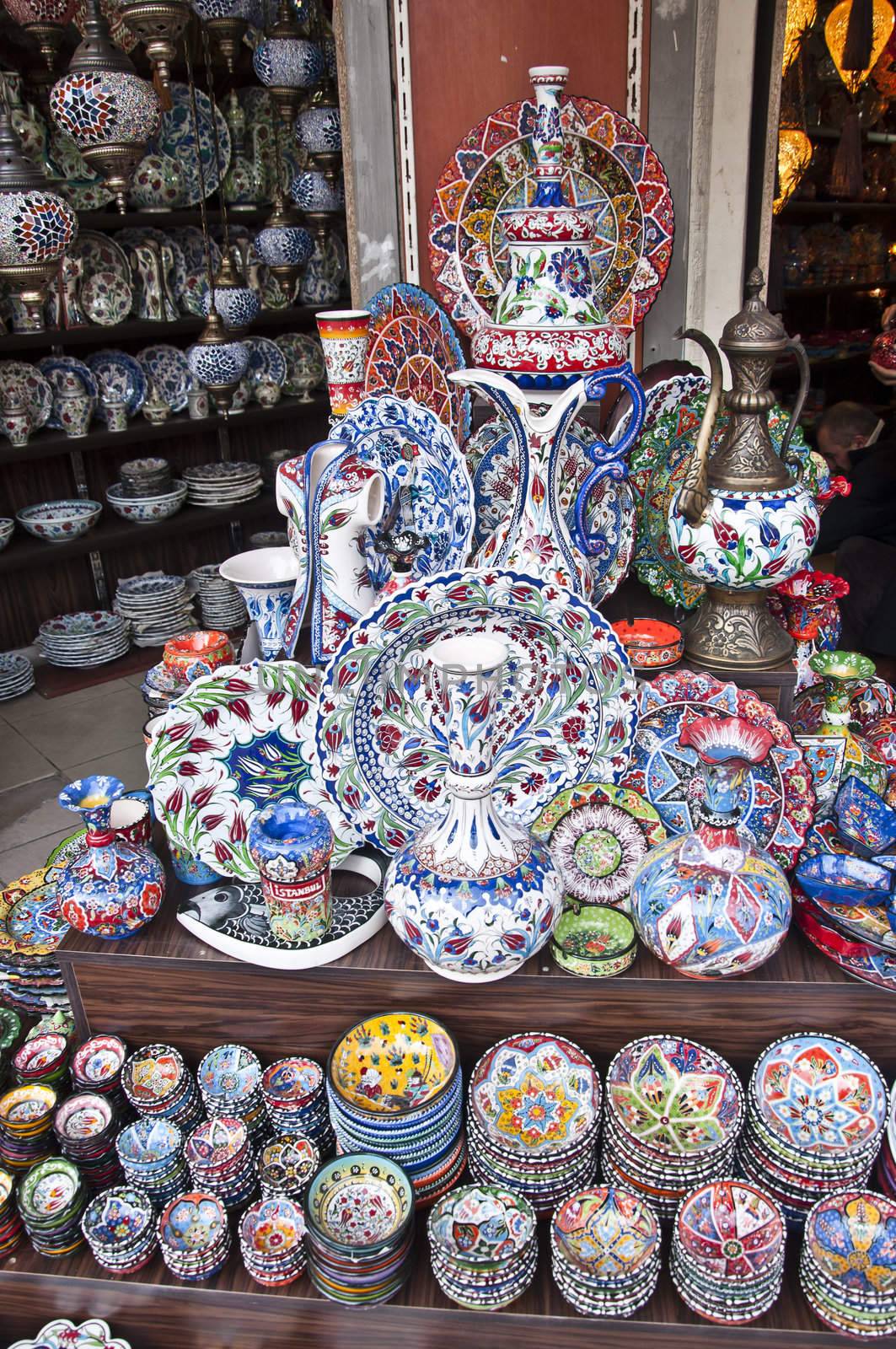 Hand-made Turkish souvenirs, objects and pottery with traditional designs, legacy of Ottoman Empire, Istanbul