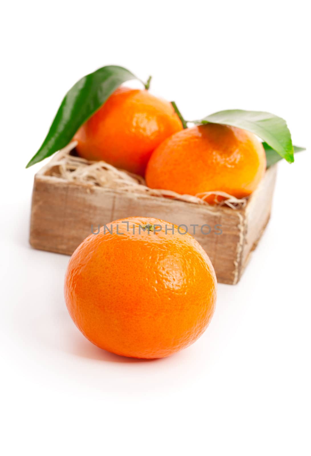 orange mandarins with green leaf isolated on white background