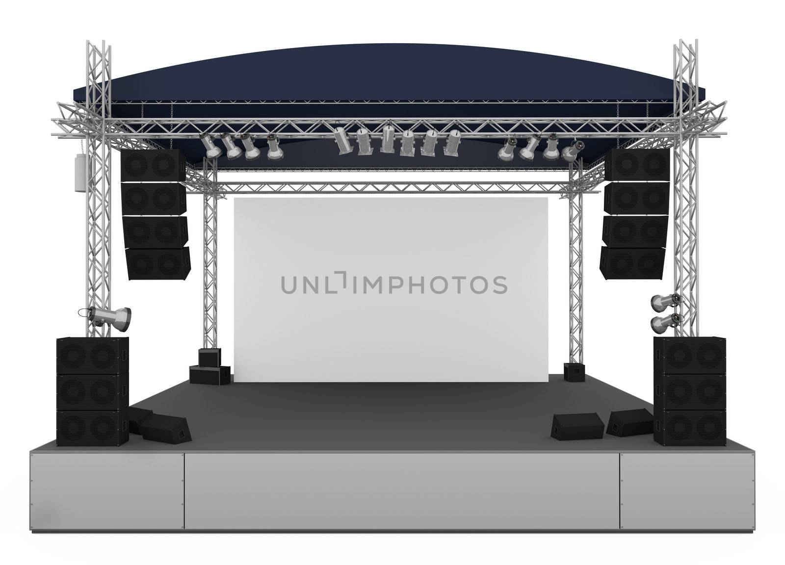 Front view of outdoor gig stage. 3D render.