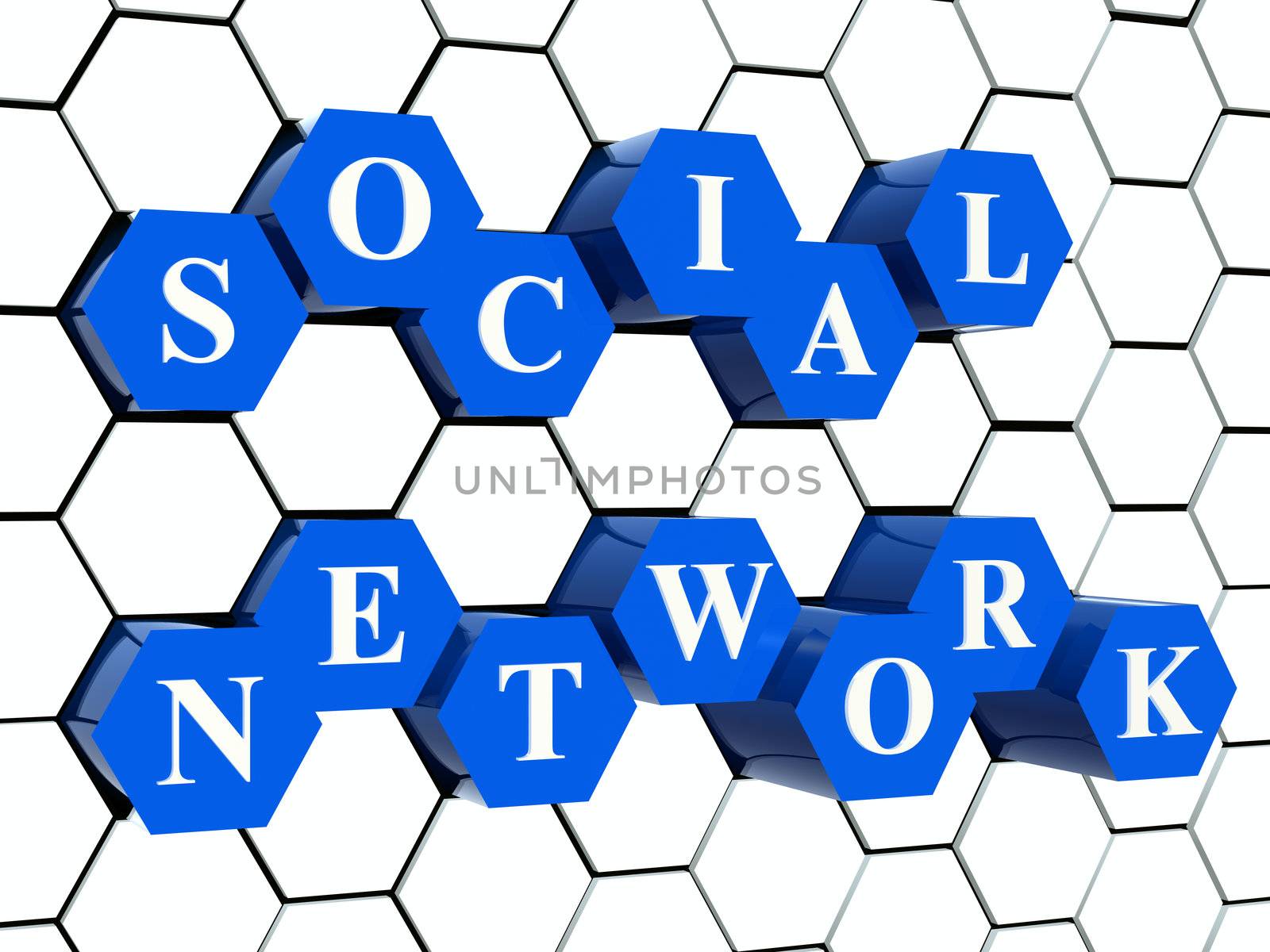 3d blue cubes hexahedrons in cellular structure with white letters - social network, word, text