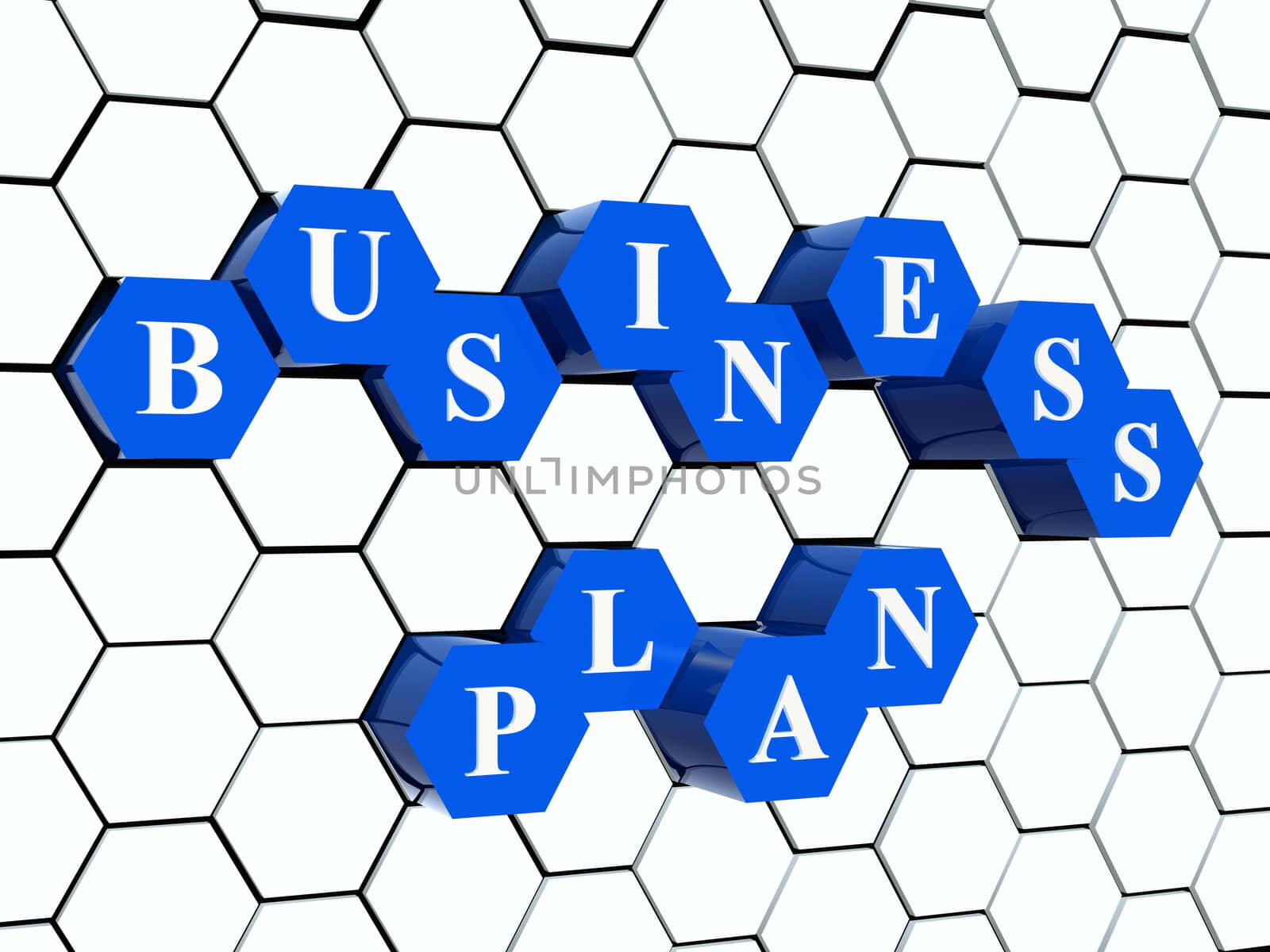 3d blue cubes hexahedrons in cellular structure with white letters - business plan, word, text