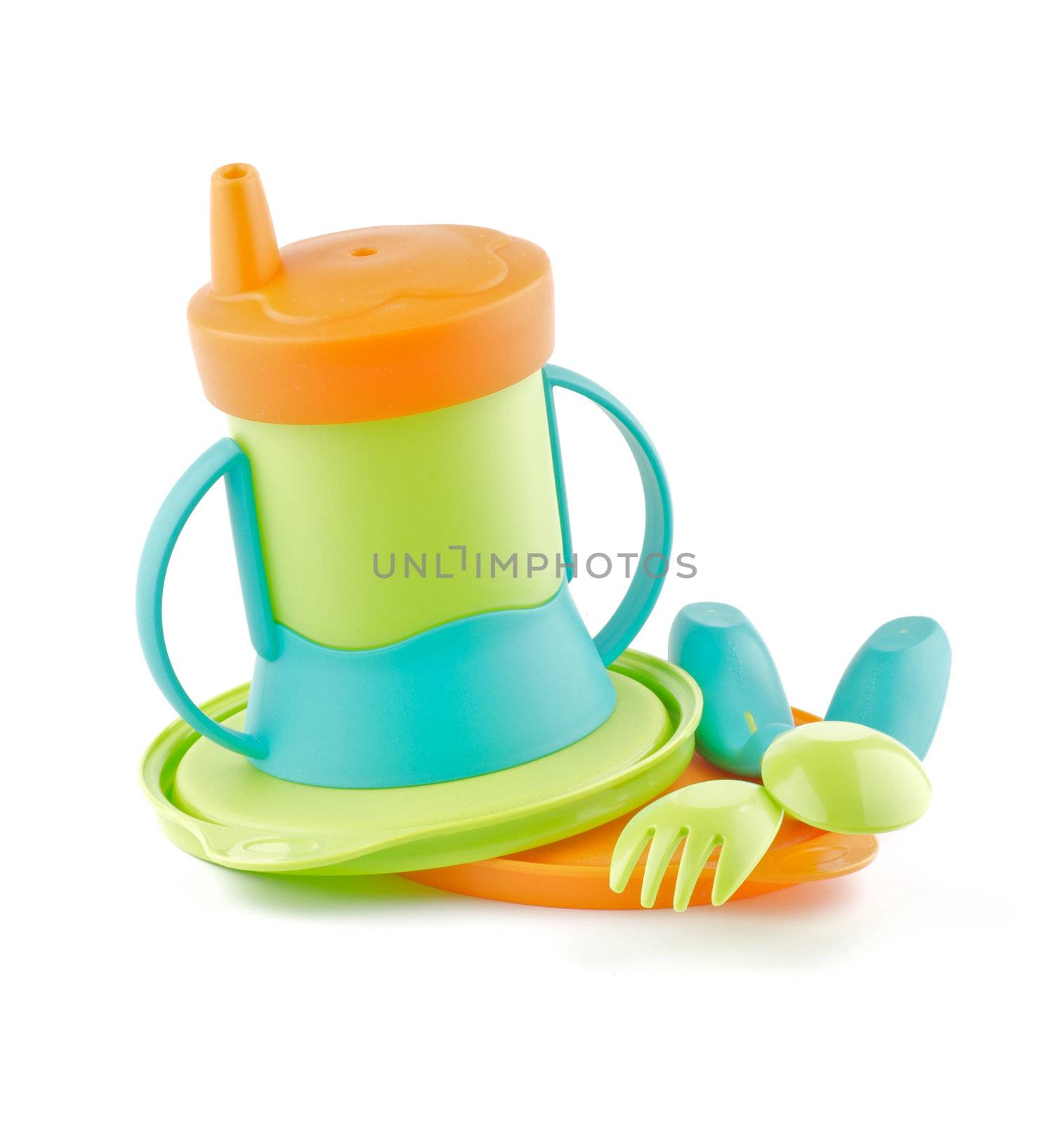 Multi Colored Baby Bottle and Baby utensil isolated on white background