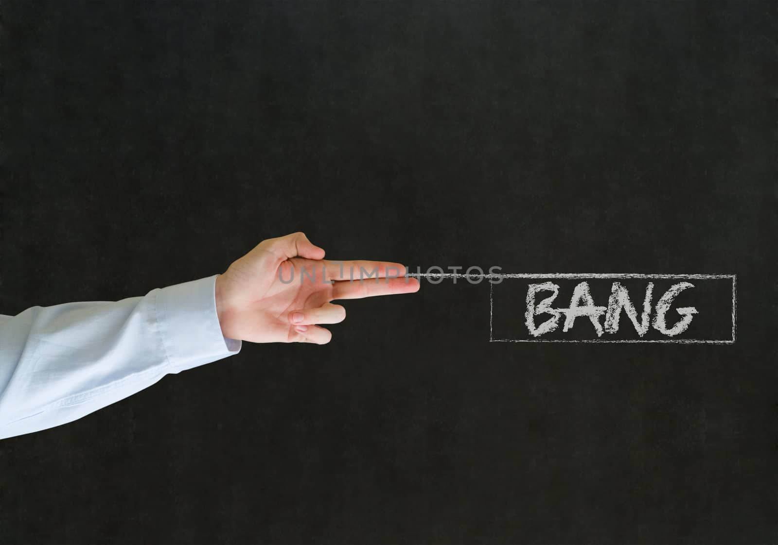 Business man, student or teacher pointing fingers like a gun with bang text on blackboard background