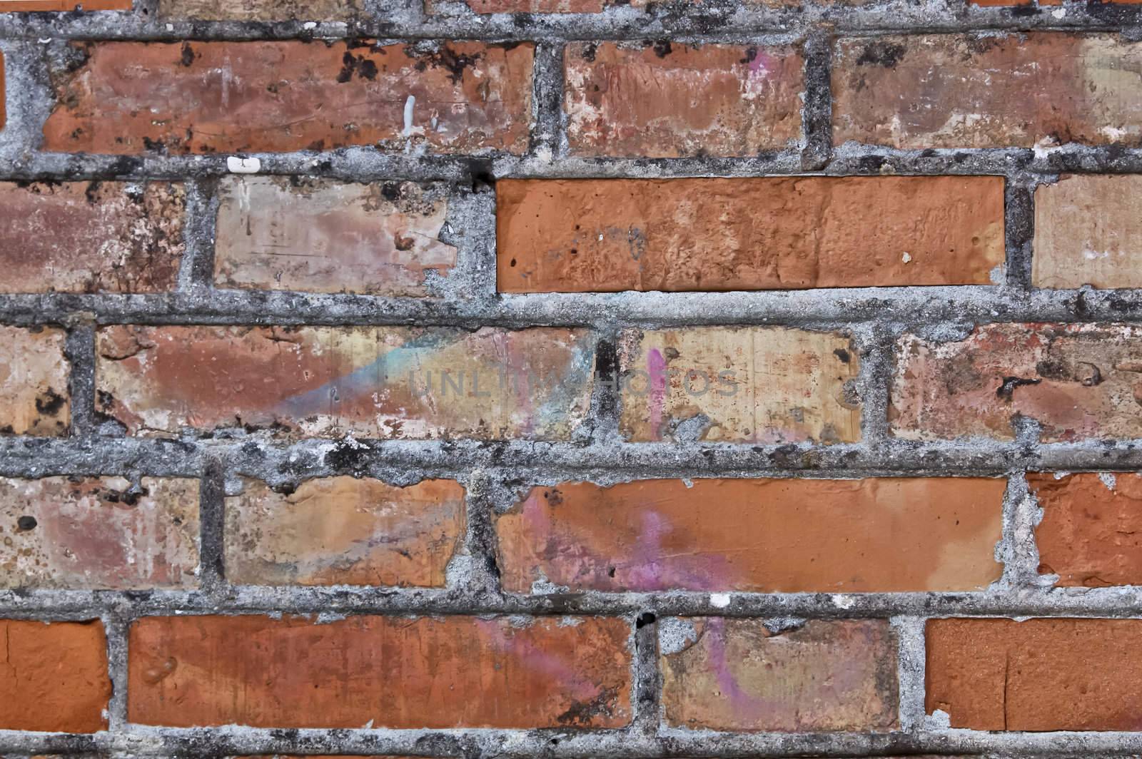 old red brick wall with graffiti signatures  