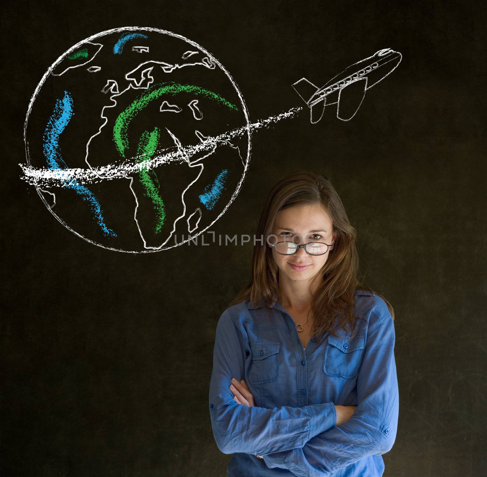 Business woman, student or teacher with chalk globe and jet world travel blackboard background