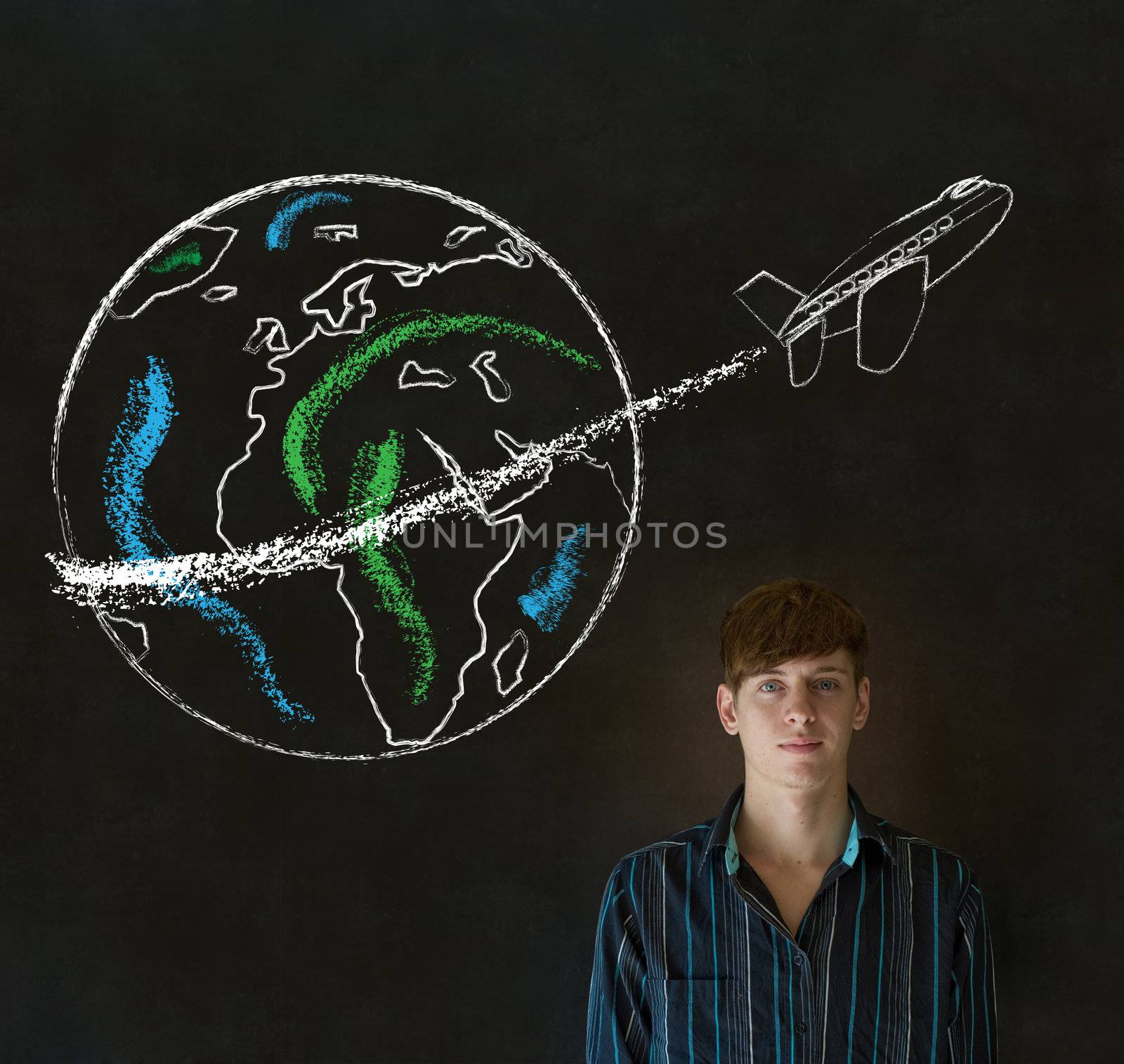 Man with chalk  globe and jet world travel by alistaircotton