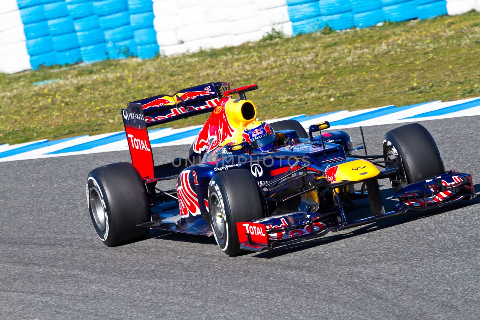 JEREZ DE LA FRONTERA, SPAIN - FEB 07: Mark Webber of Red Bull F1 races on training session on February 07 , 2012, in Jerez de la Frontera , Spain