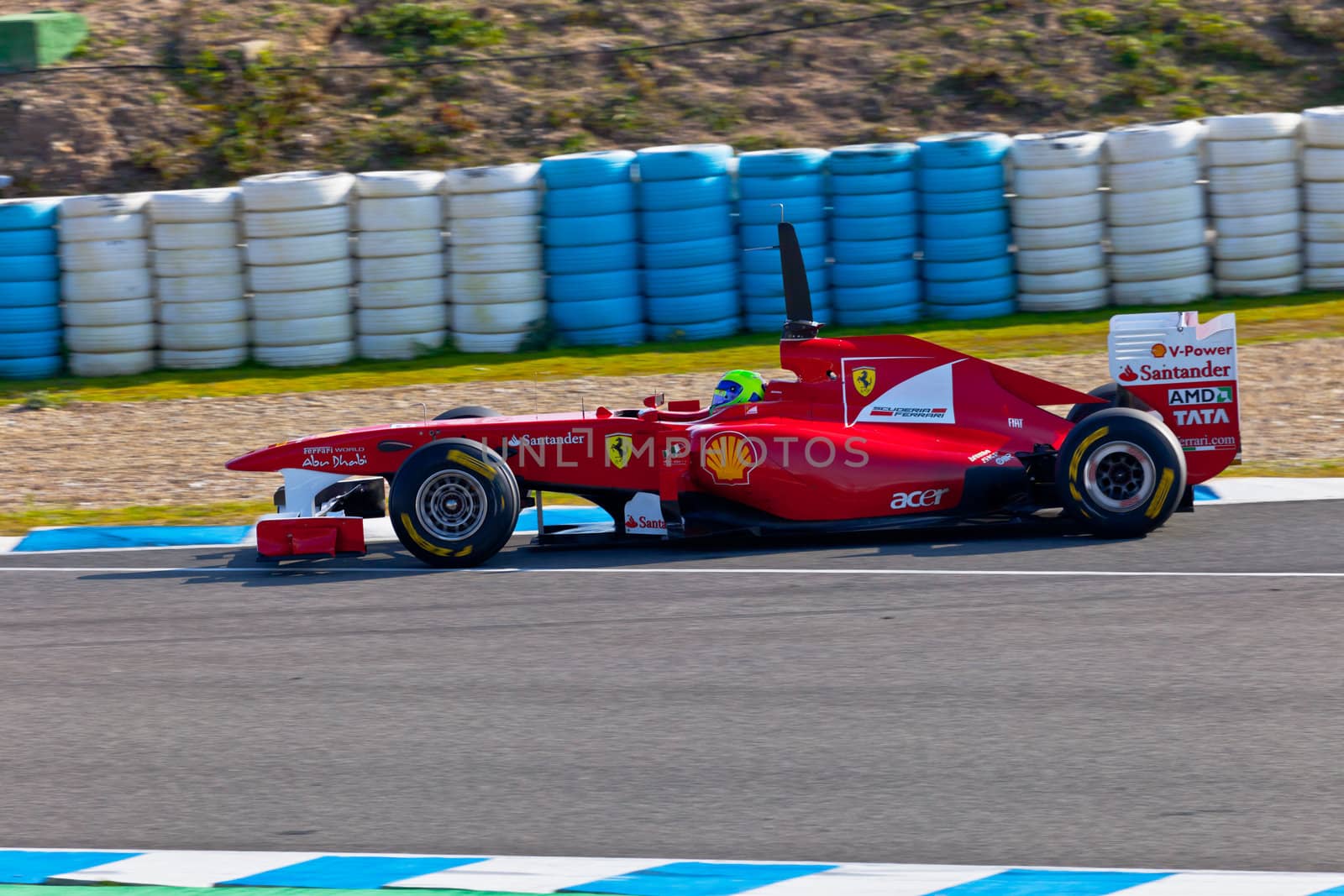 JEREZ DE LA FRONTERA, SPAIN - FEB 11: Felipe Massa of Ferrari F1 races on training session on  February 11 , 2011, in Jerez de la Frontera , Spain