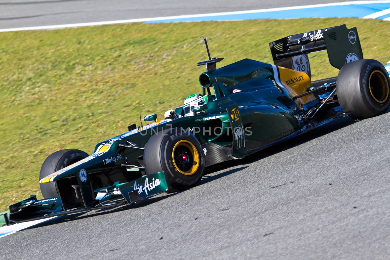JEREZ DE LA FRONTERA, SPAIN - FEB 07: Heikki Kovalainen of Catherham F1 races on training session on February 07 , 2012, in Jerez de la Frontera , Spain