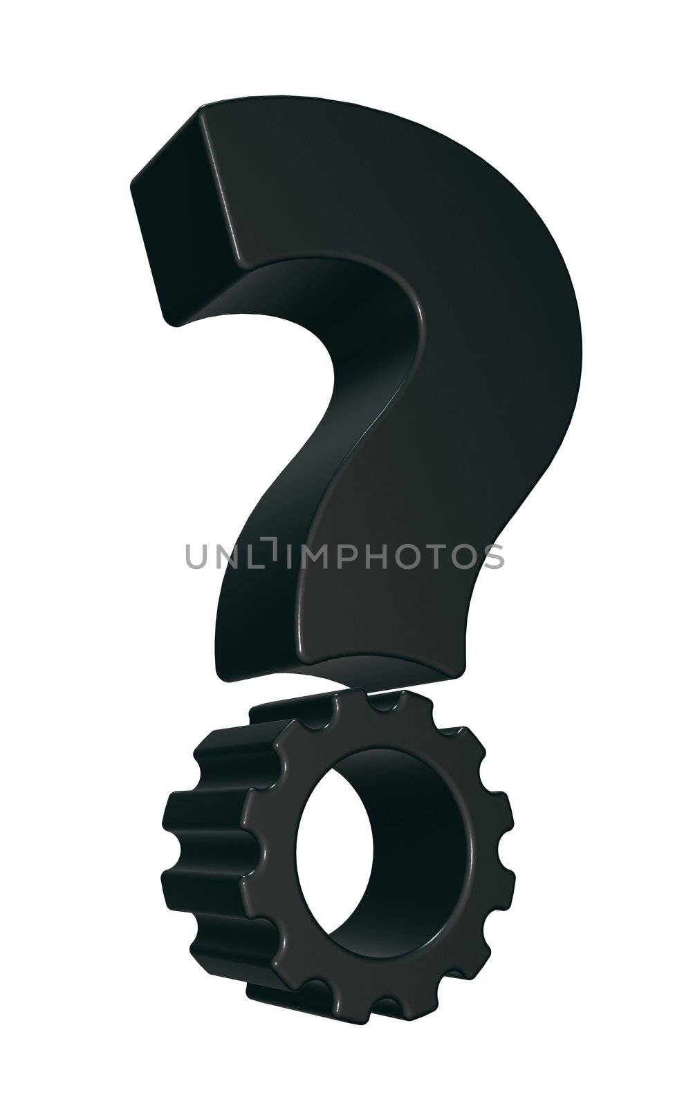 question mark with gear wheel point on white background - 3d illustration