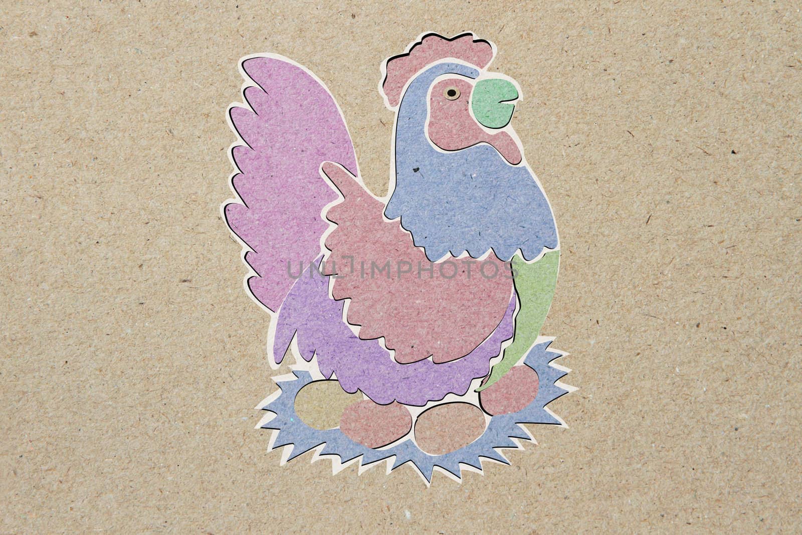 recycled paper craft stick, chicken, brown background. by rufous