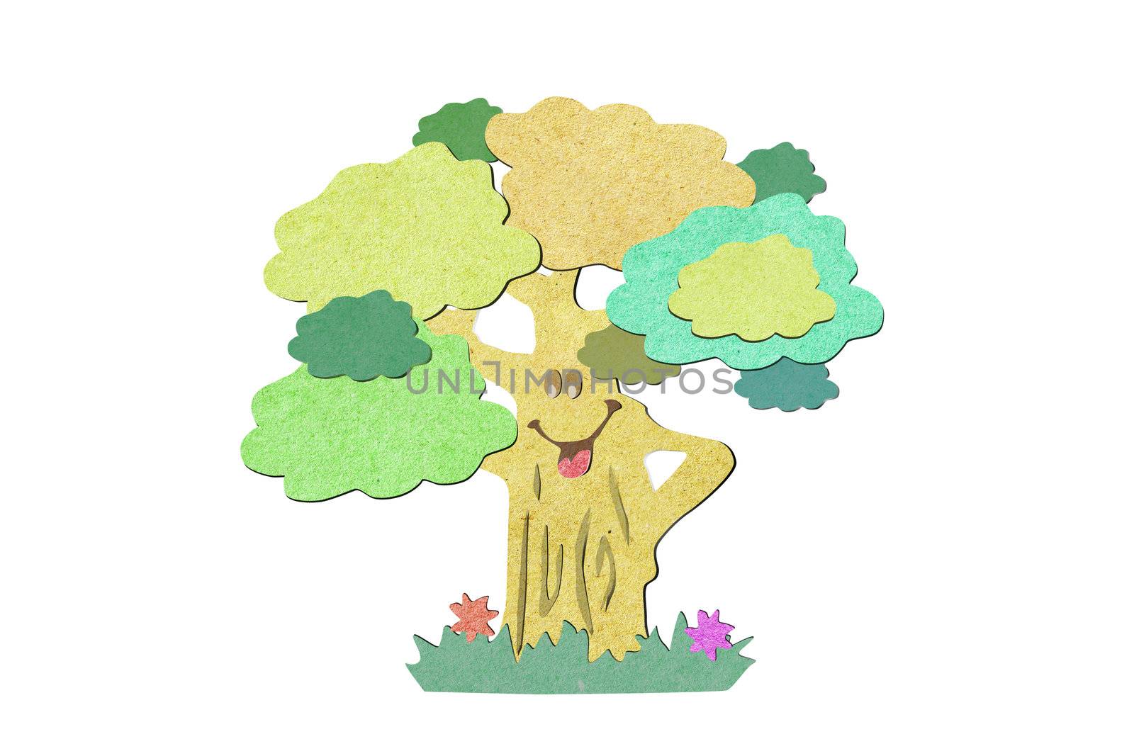 recycled paper craft stick tree  white background.