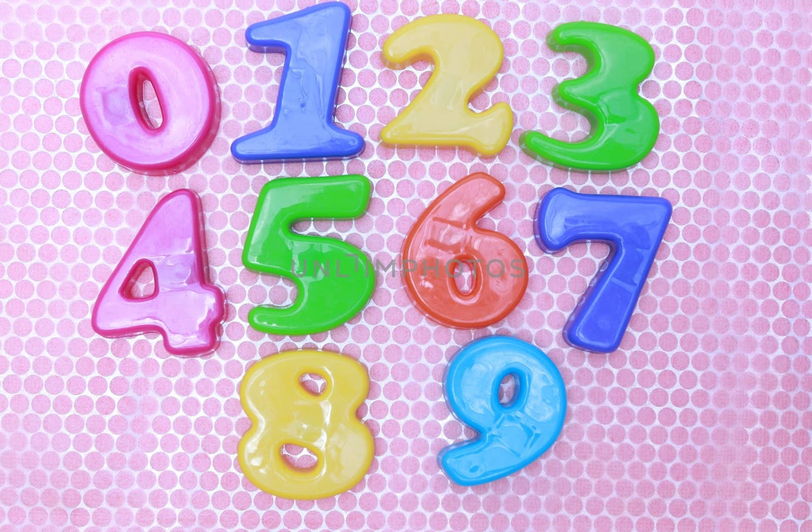 Numbers 0 to 9 on pink and silver foil background