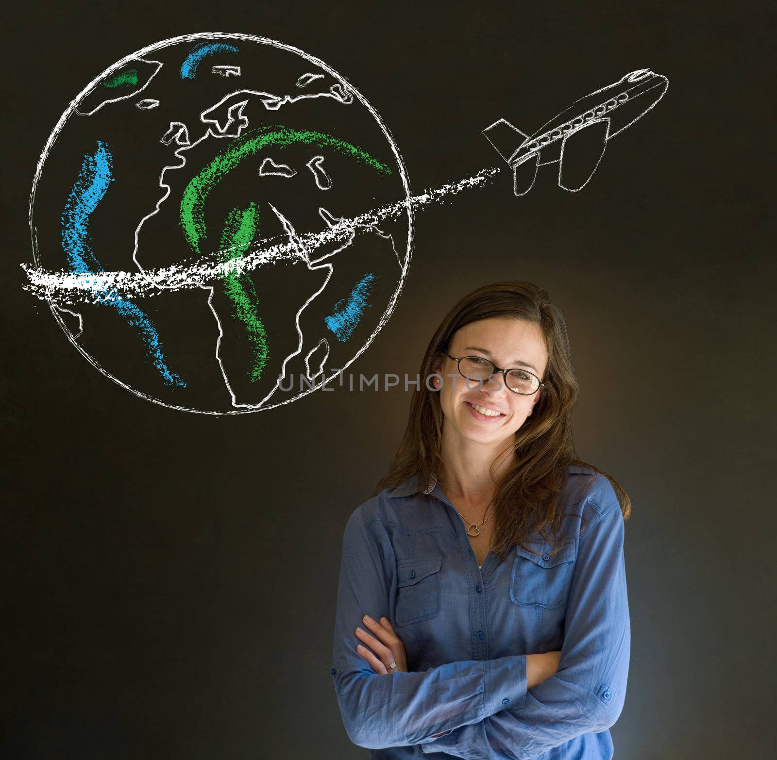 Woman with chalk  globe and jet world travel by alistaircotton
