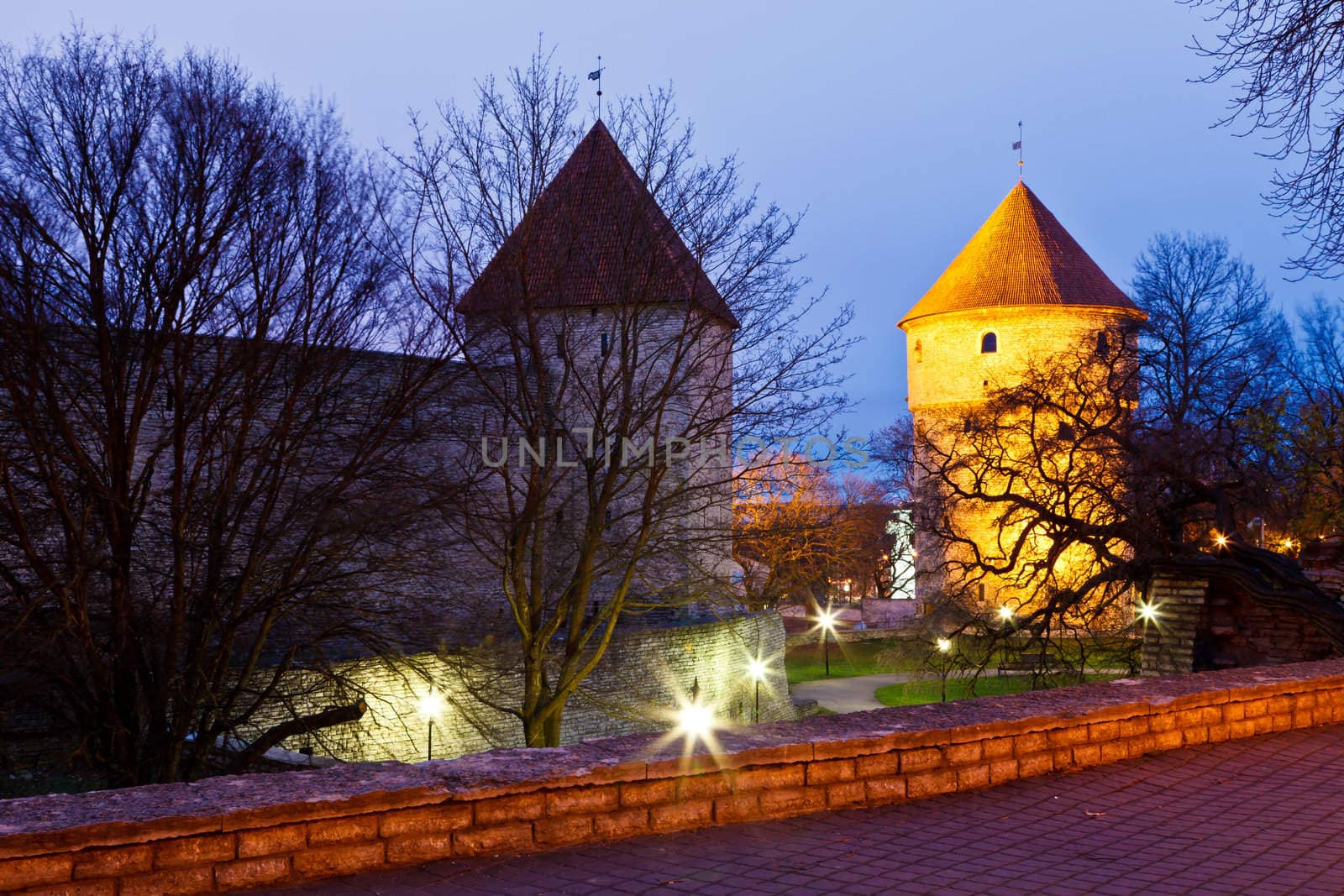 Early Morning at City Walls and Towers of Old Town in Tallinn, Estonia