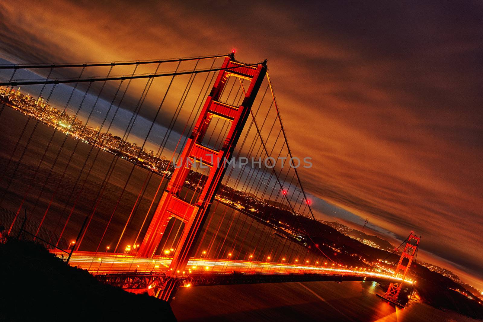 Night scene with Golden Gate Bridge and San Francisco lights