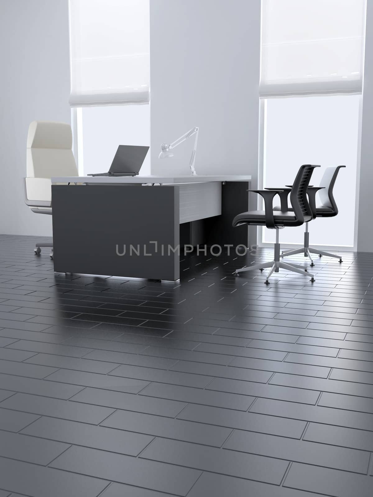 Empty office room with table and armchairs and light from windows