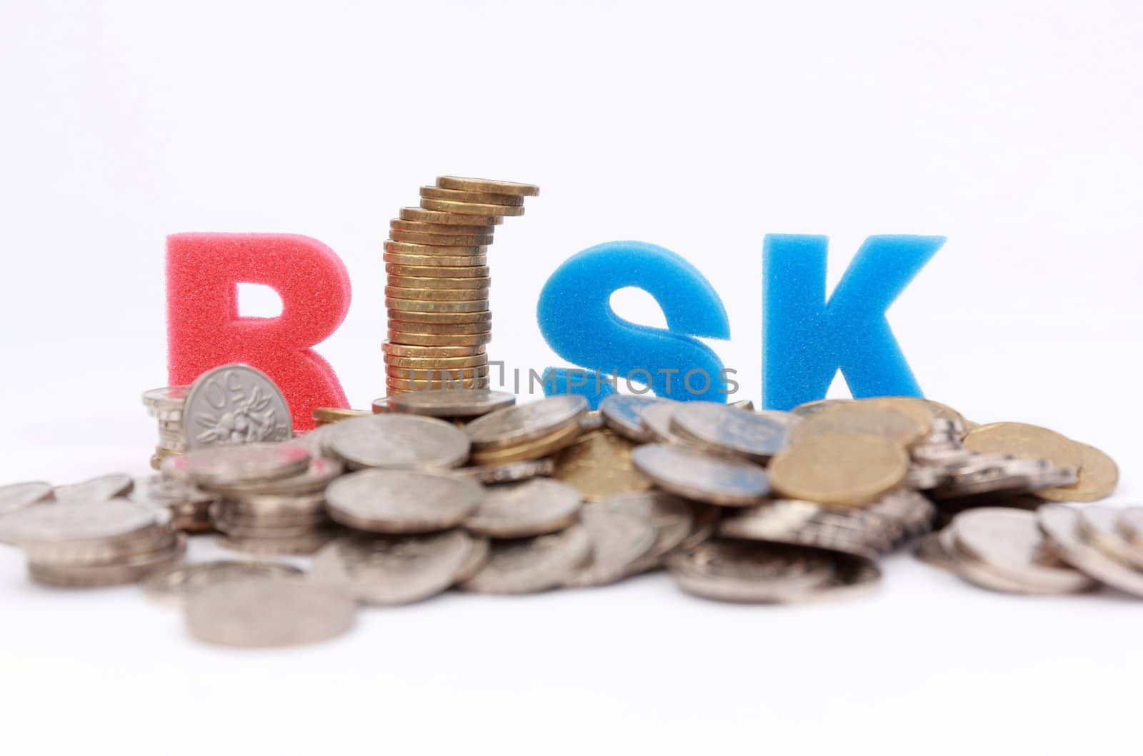 Risk word spelled out surrounded by coins