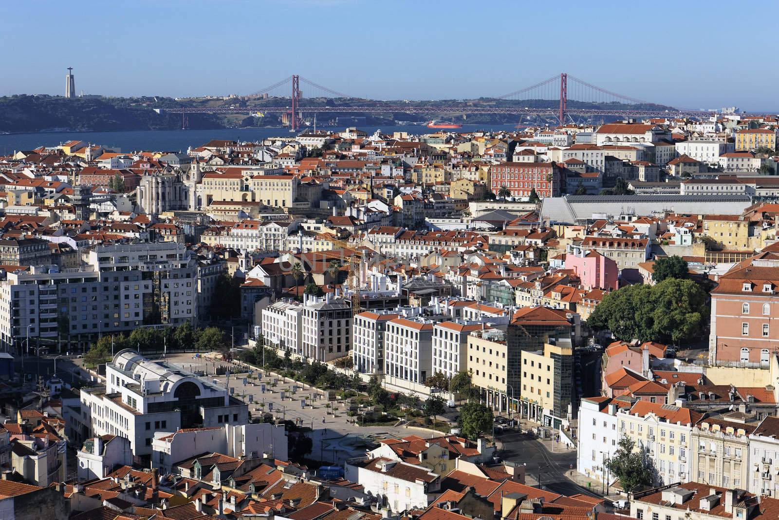 famous view of Lisbon with red bridge, Portugal