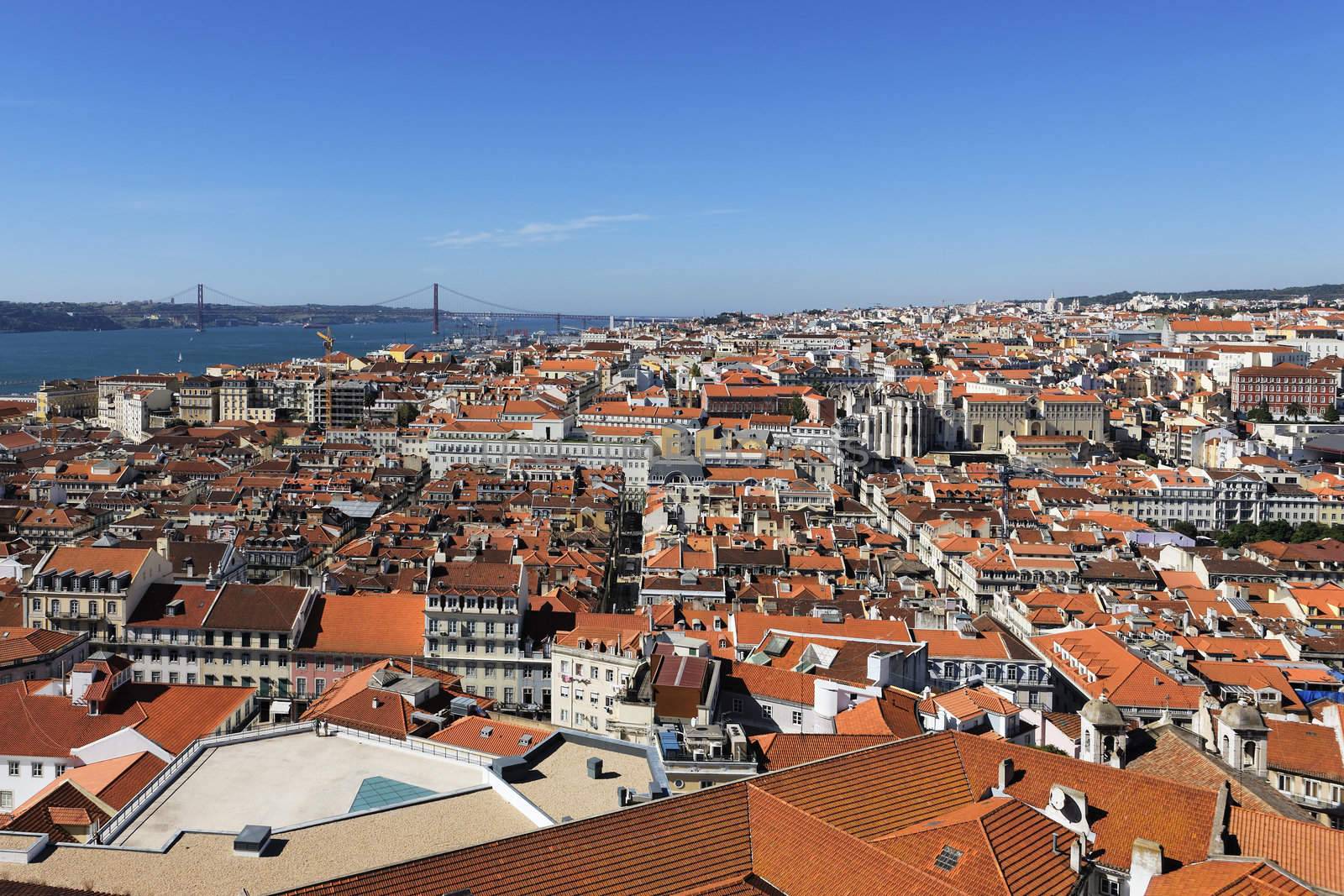horizontal view of Lisbon with red bridge, Portugal