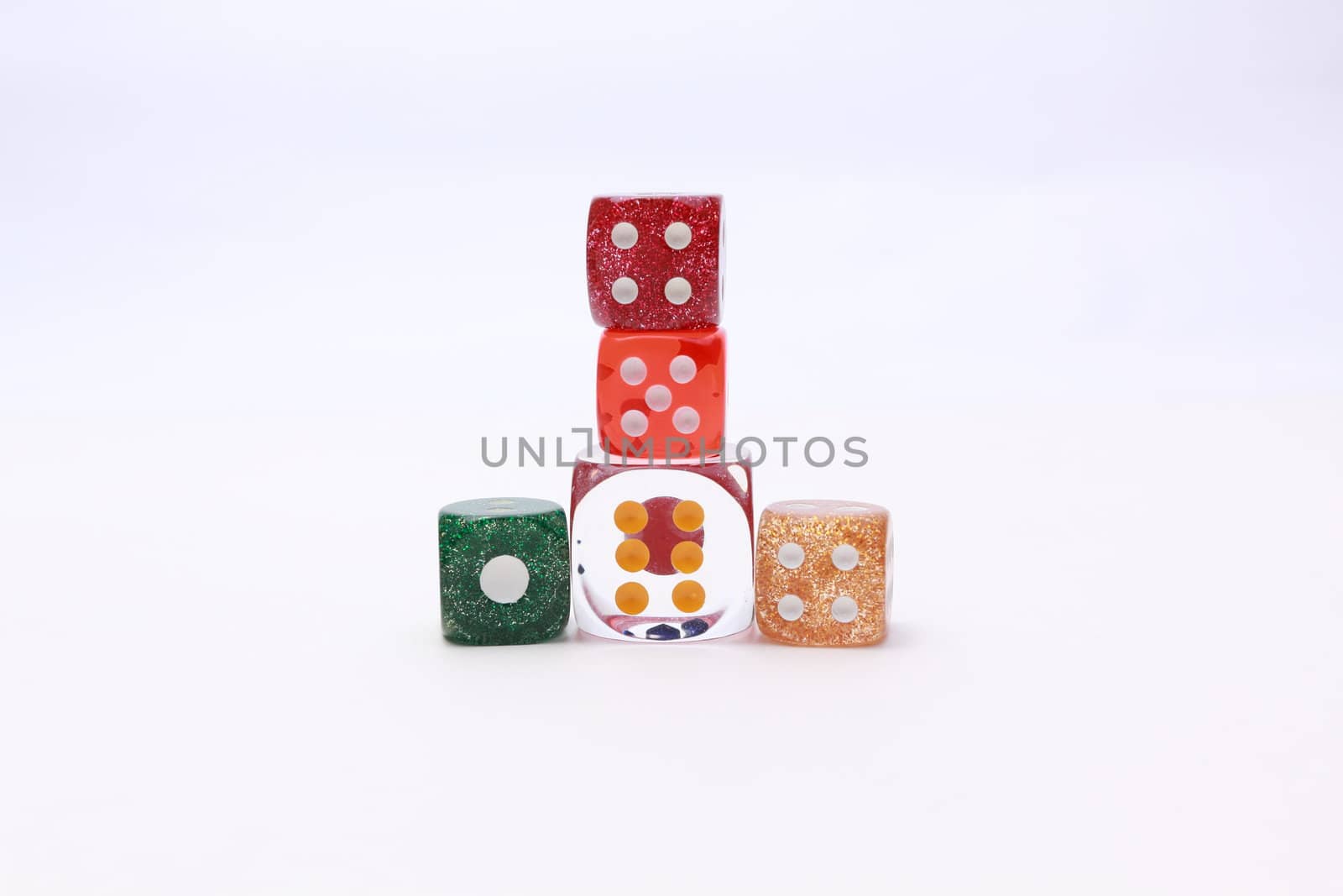 5 coloured dices on white background