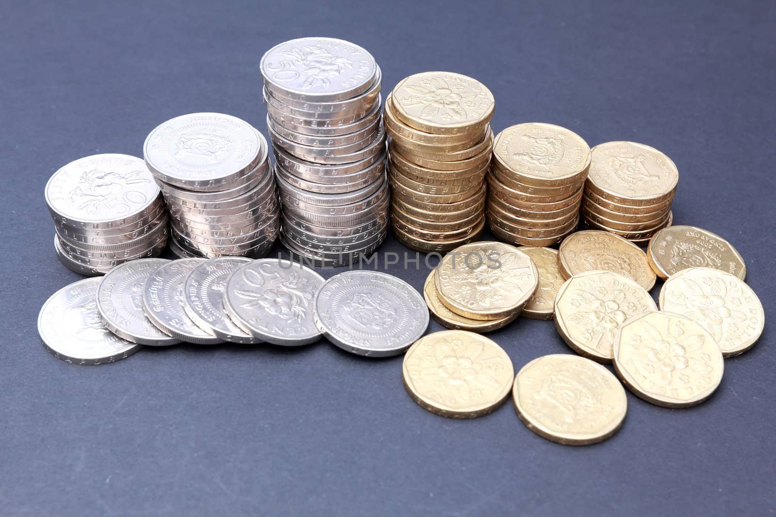 Gold and silver coins on dark background