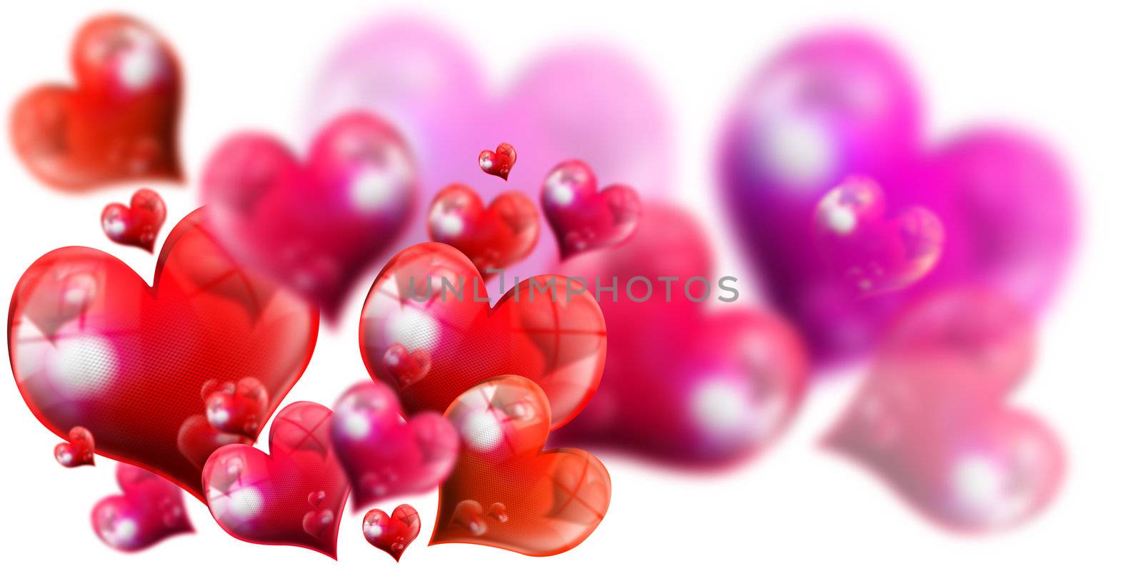 Romantic background with red and fuchsia hearts on white background