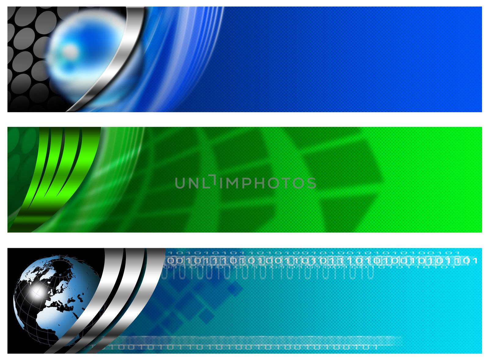 Three technological banners or backgrounds with globe and abstract forms