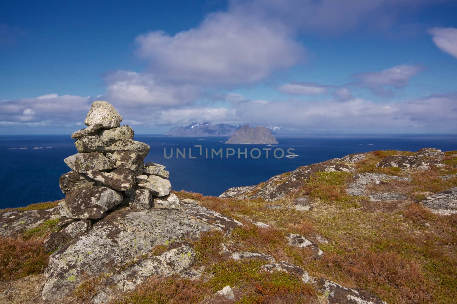 Scenic view of norwegian coastline from the top of cliffs on Lofoten islands
