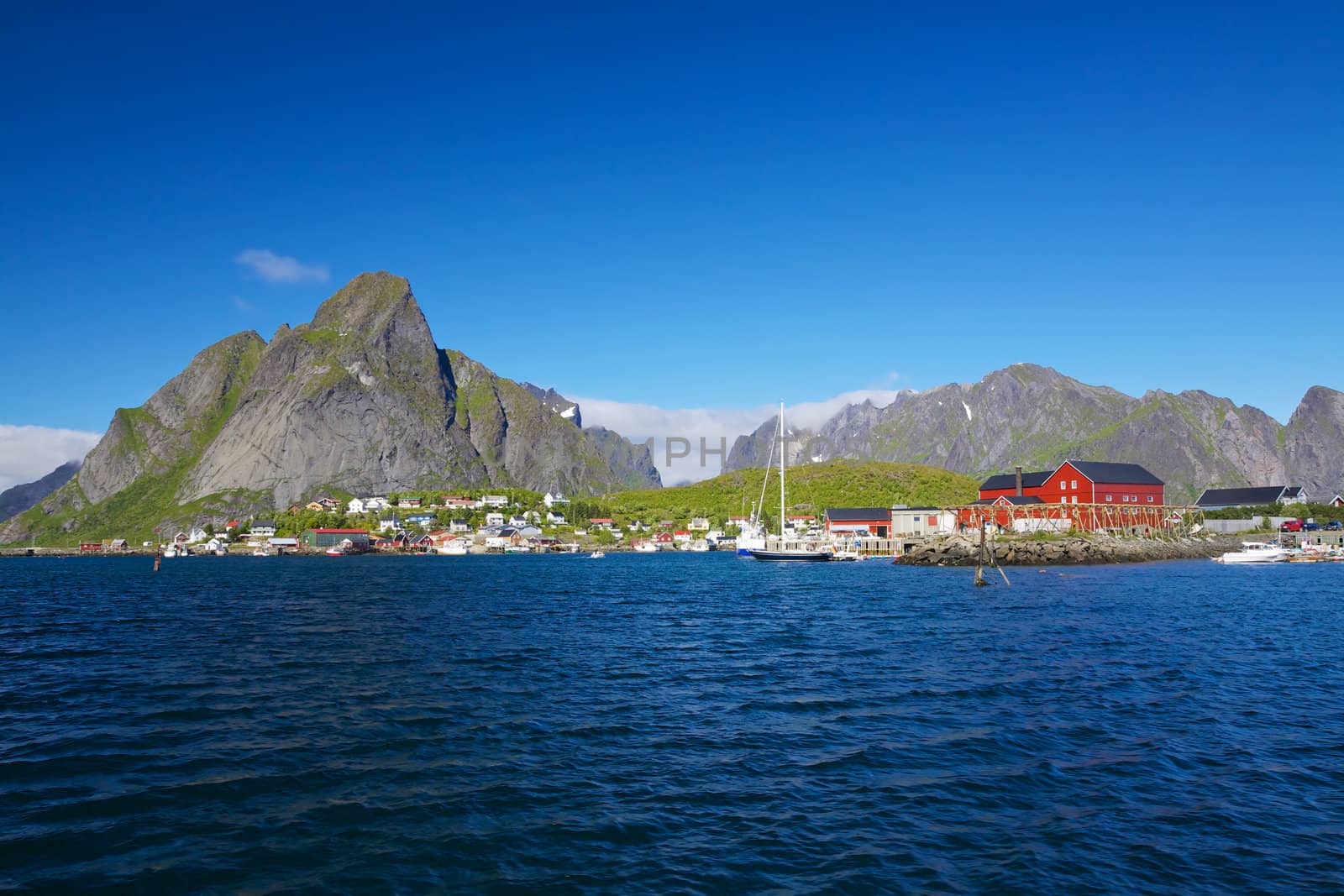 Picturesque town of Reine by the fjord on Lofoten islands in Norway