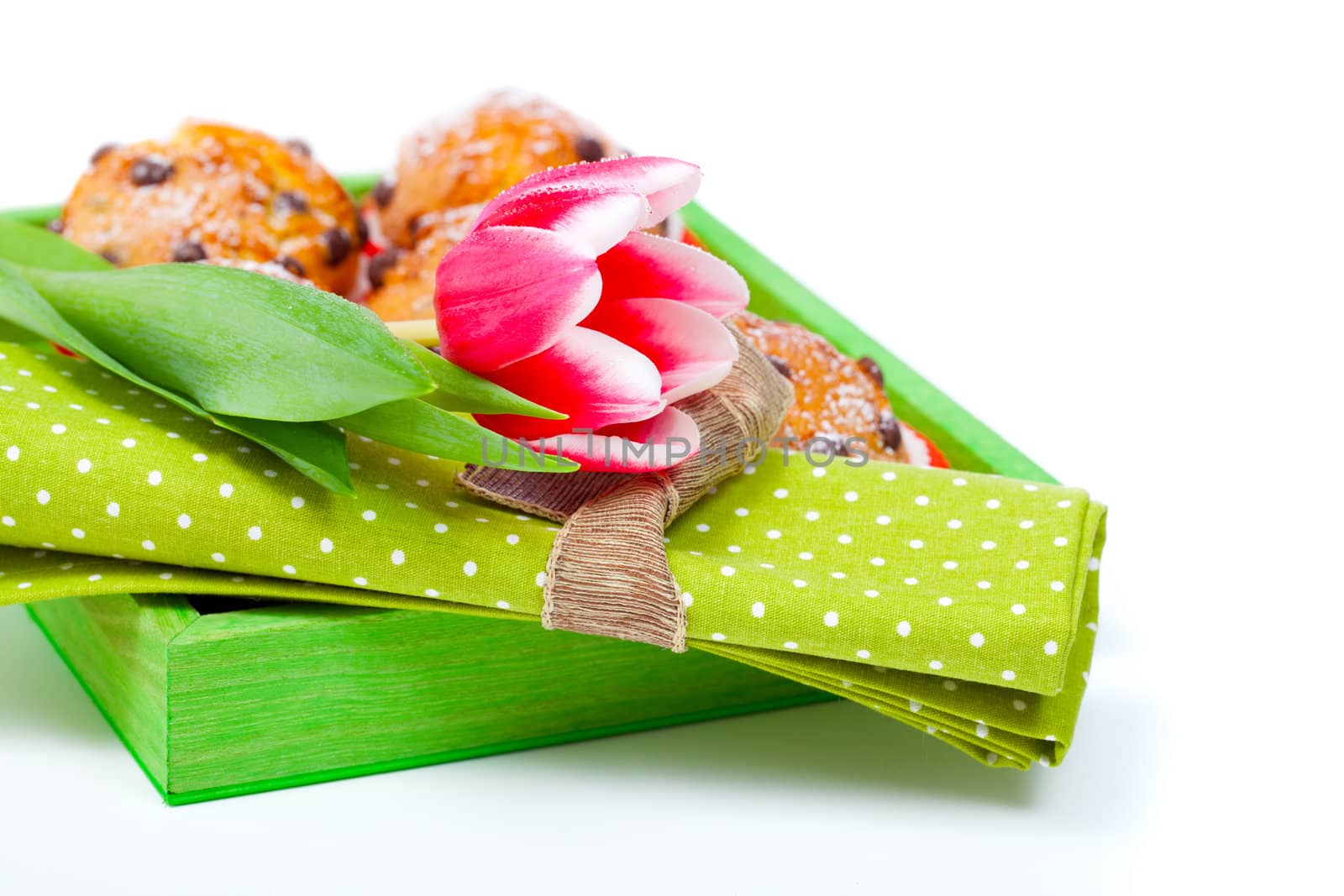 tulip with a serviette, in a tray for breakfast. isolated on white background.