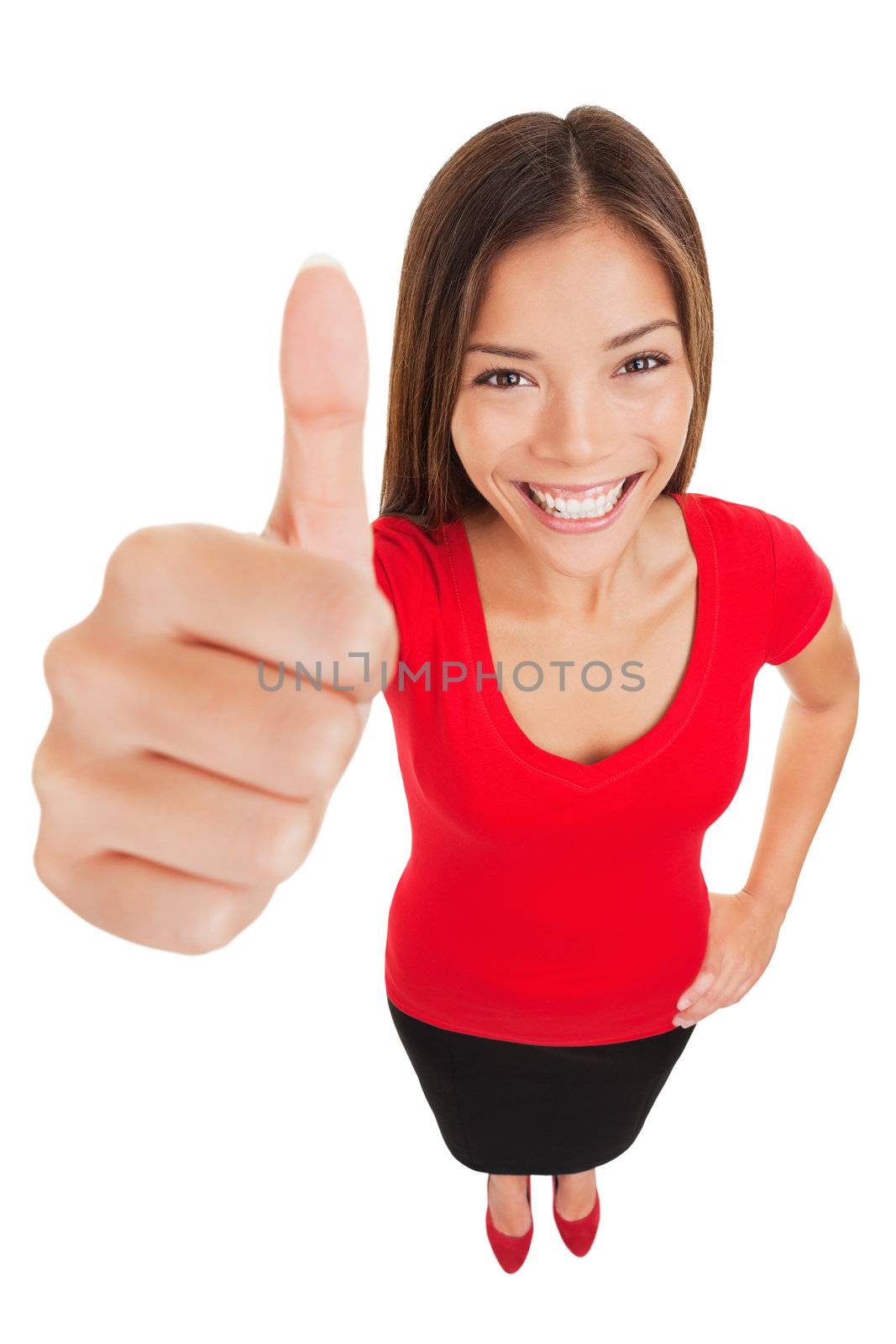 Thumbs up woman standing in full body length by Ariwasabi