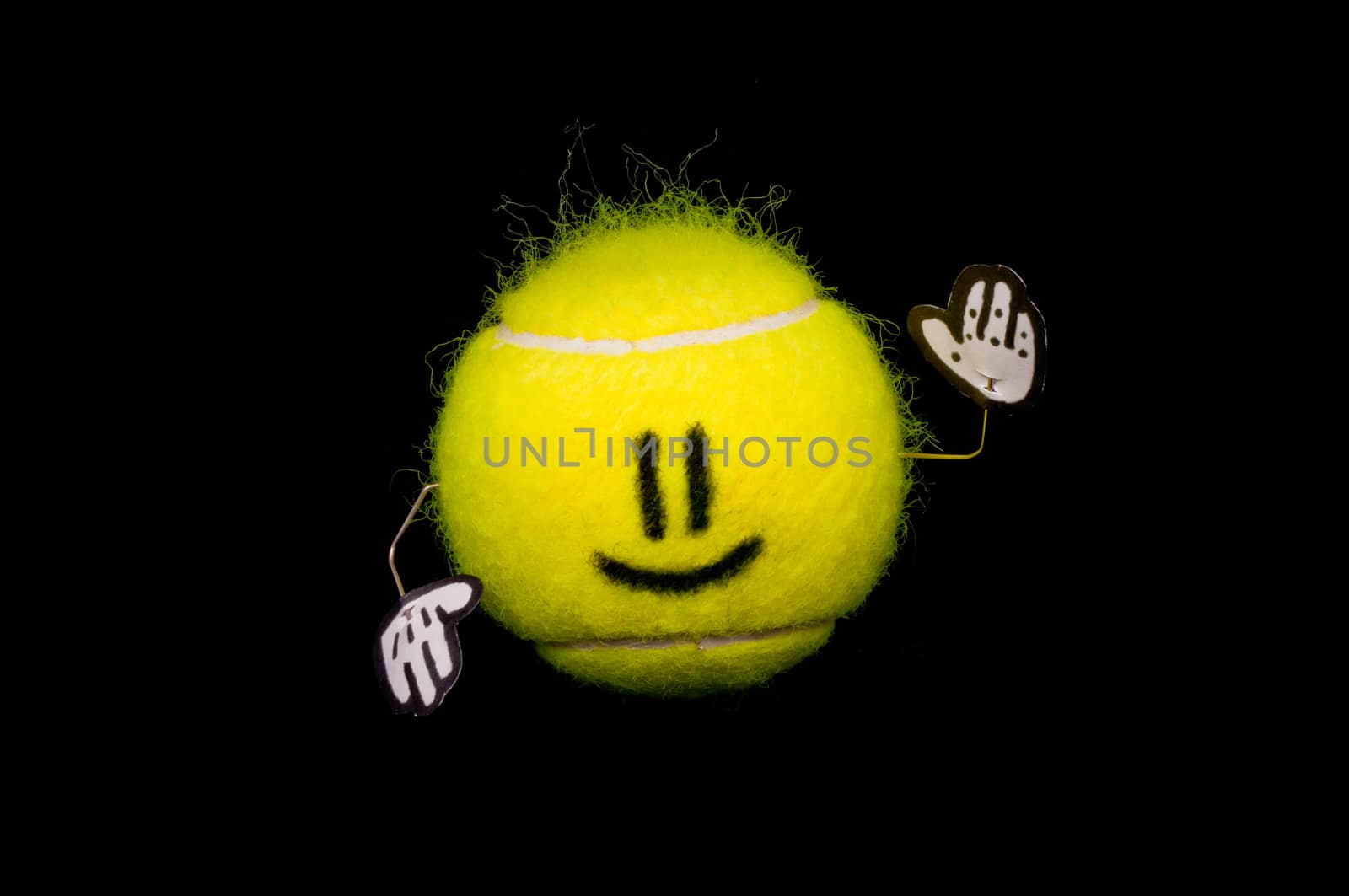 Happy yellow tennis ball welcoming somebody and smiles