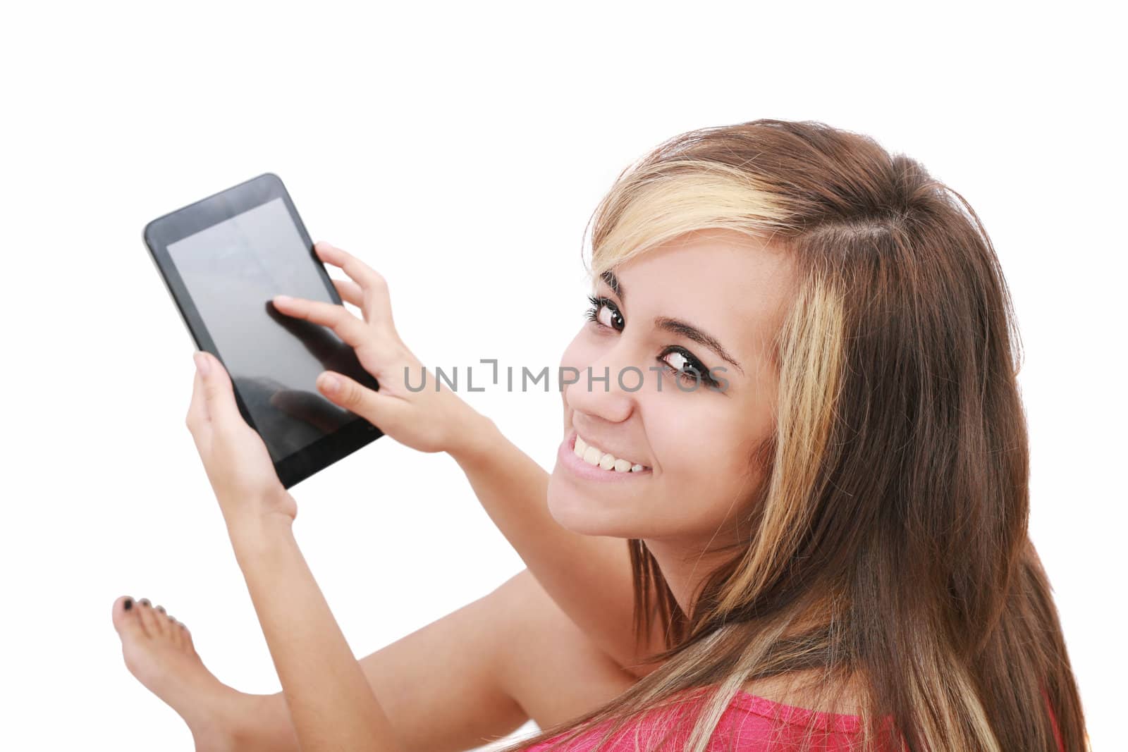 Overhead photograph of a beautiful young women sitting on floor by dacasdo