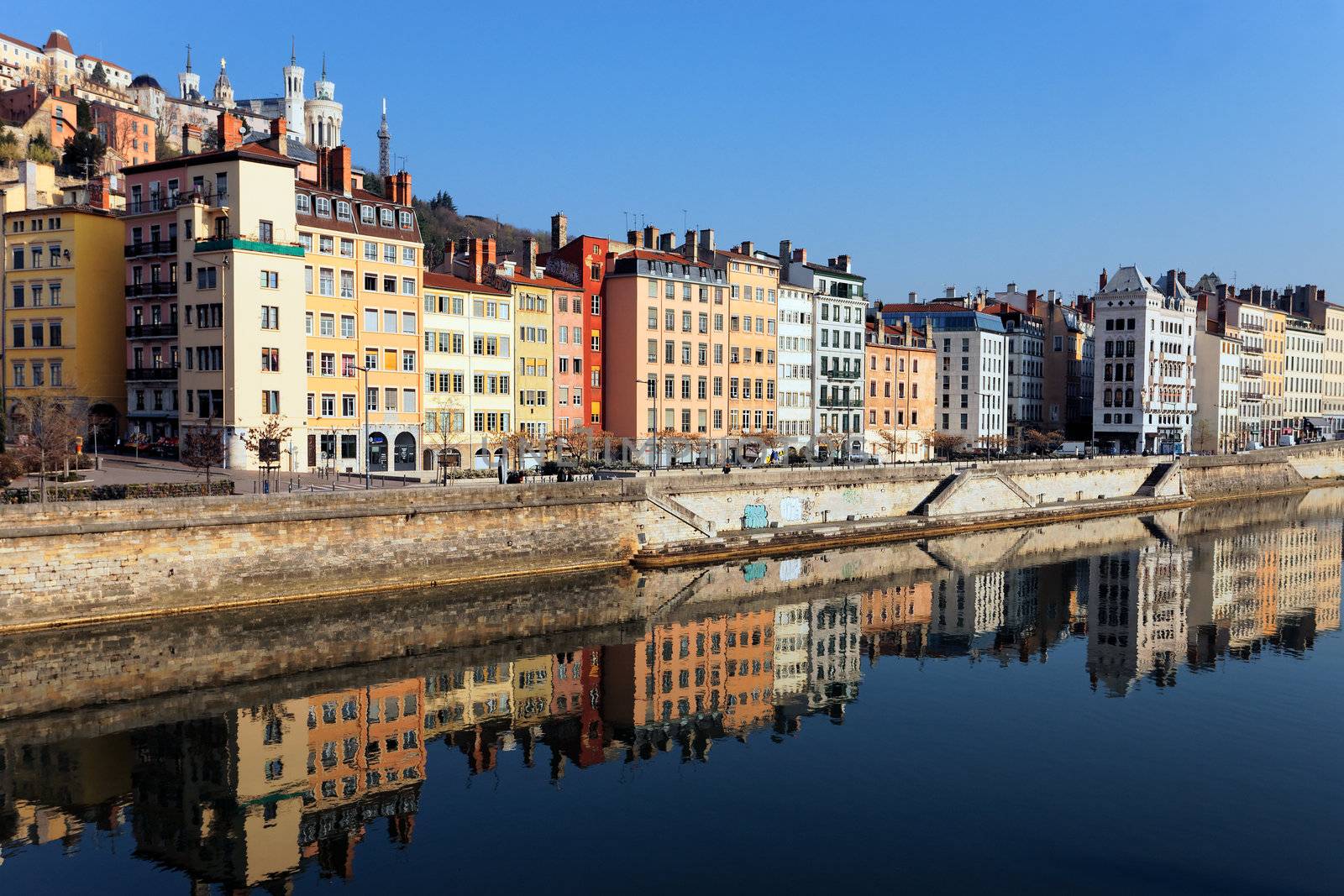 view of Lyon and Saone River in the morning light