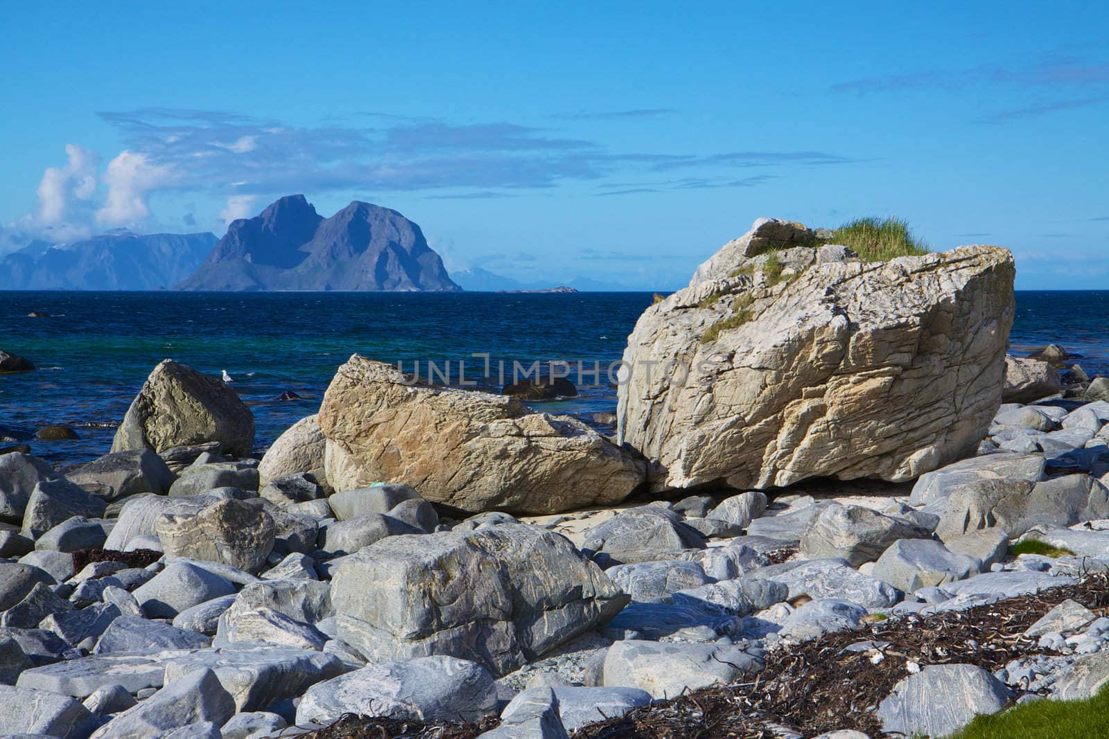 Rocks on the coast of scenic island of Vaeroy, Lofoten, Norway