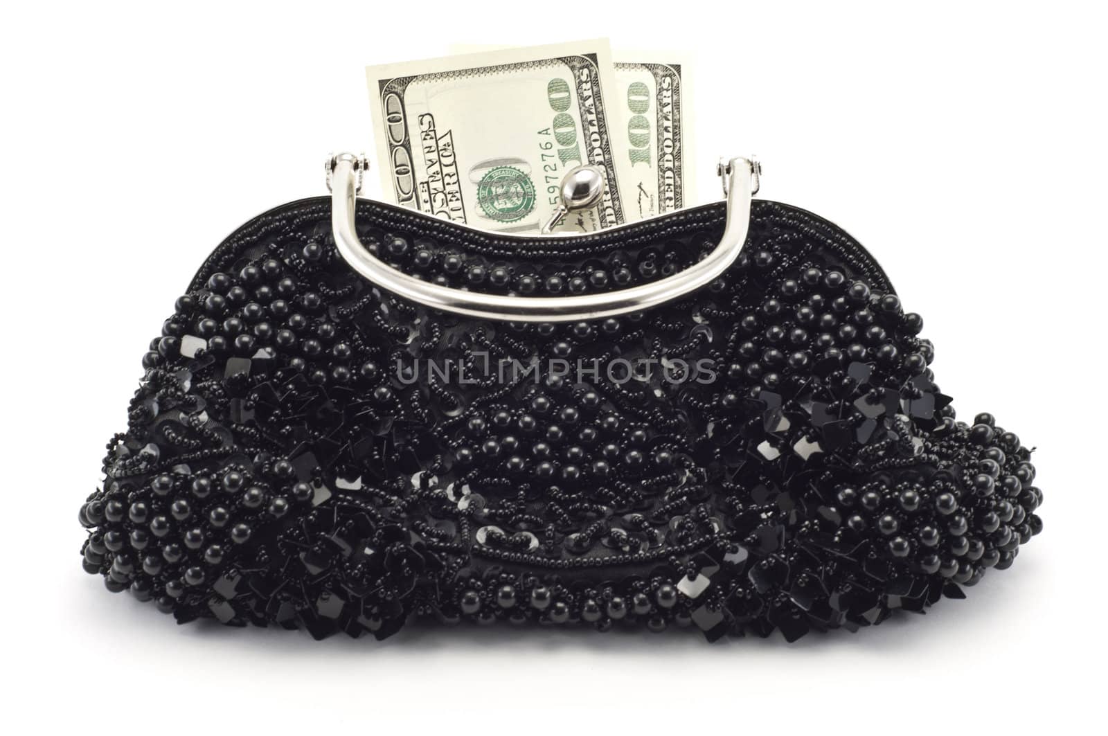 Dollars and woman bag on a white background