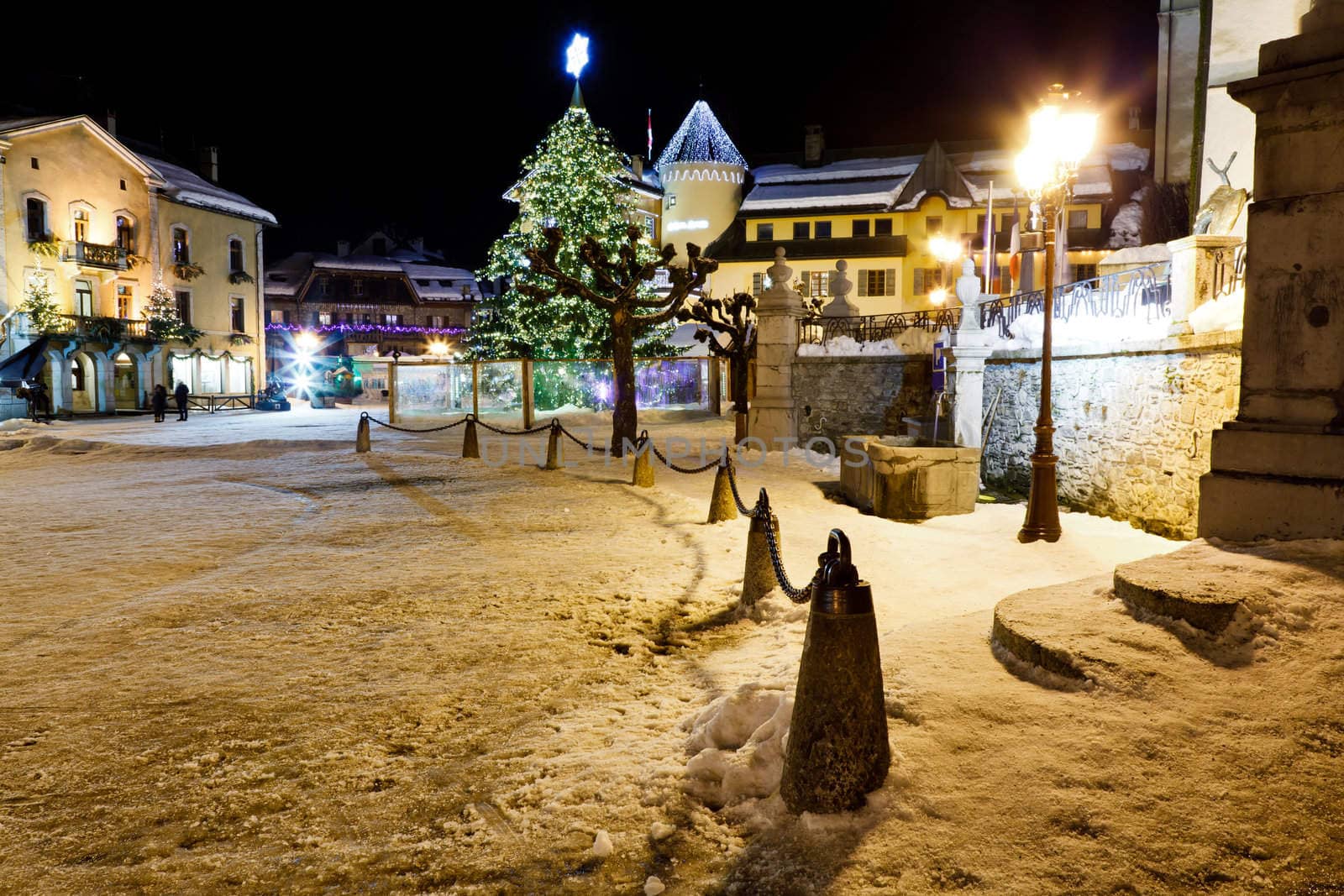 Illuminated Christmas Tree on Central Square of Megeve in French Alps