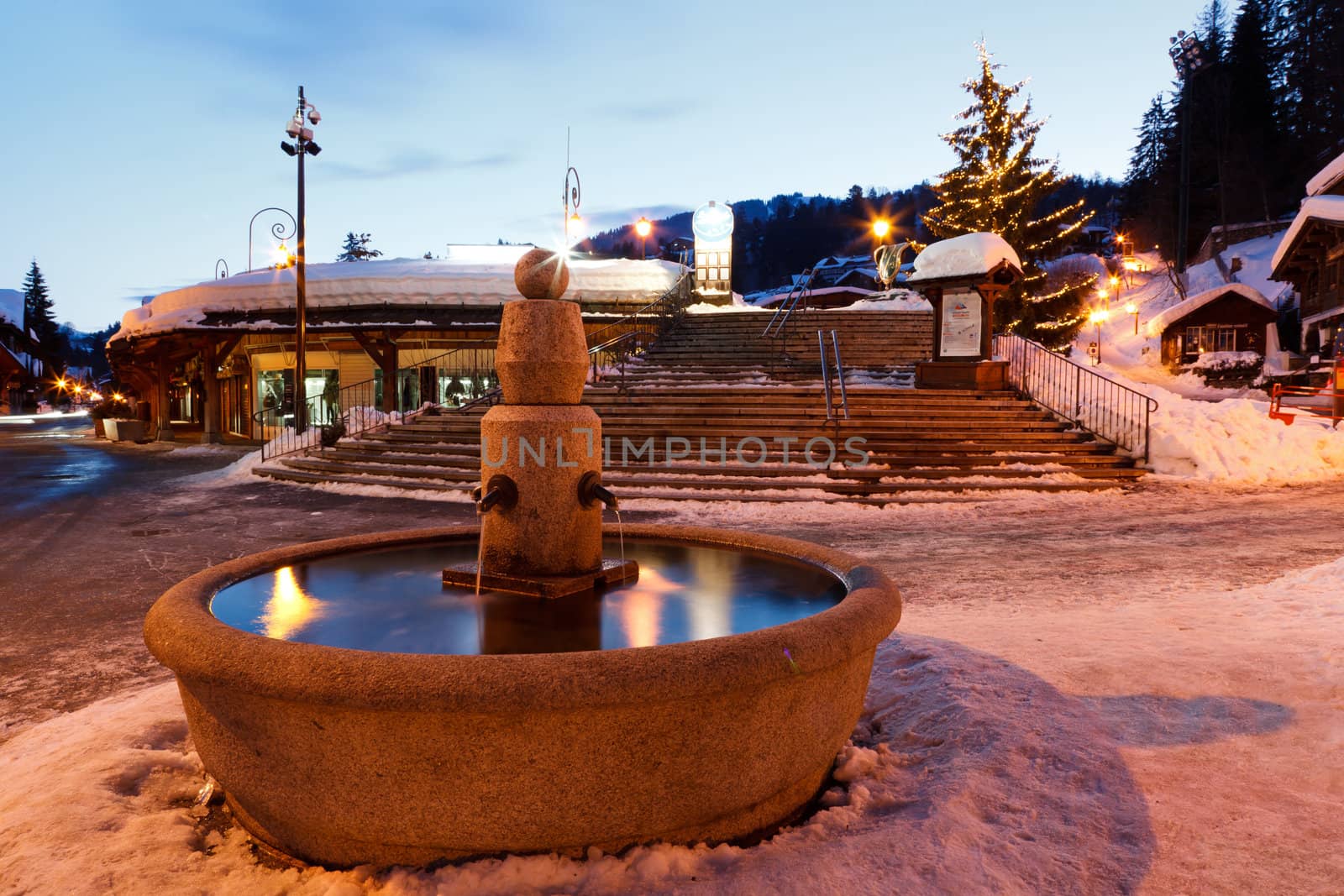 Fountain and Christmas Tree in Megeve At Morning, French Alps