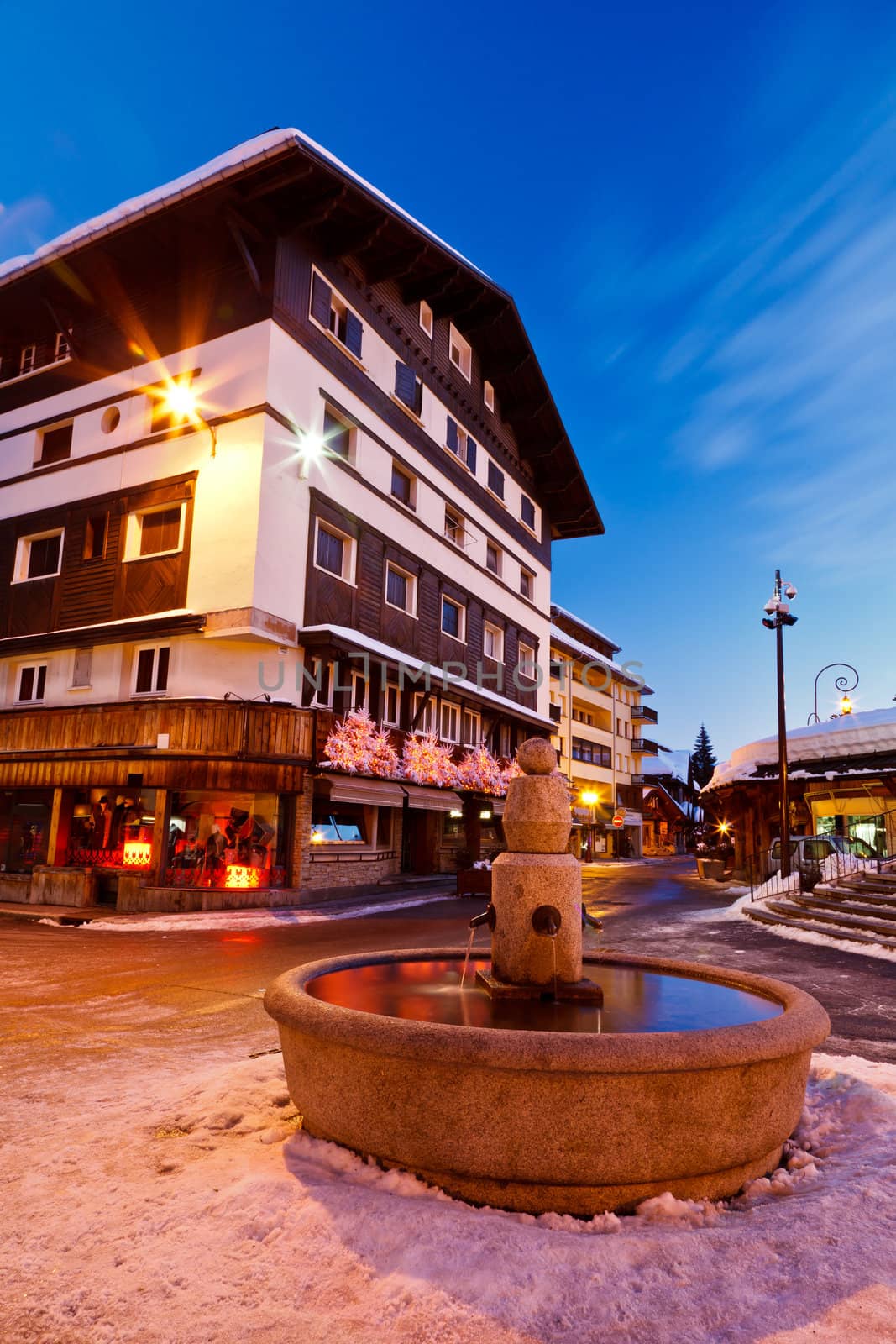 Beautiful Fountain in Megeve At Morning, French Alps