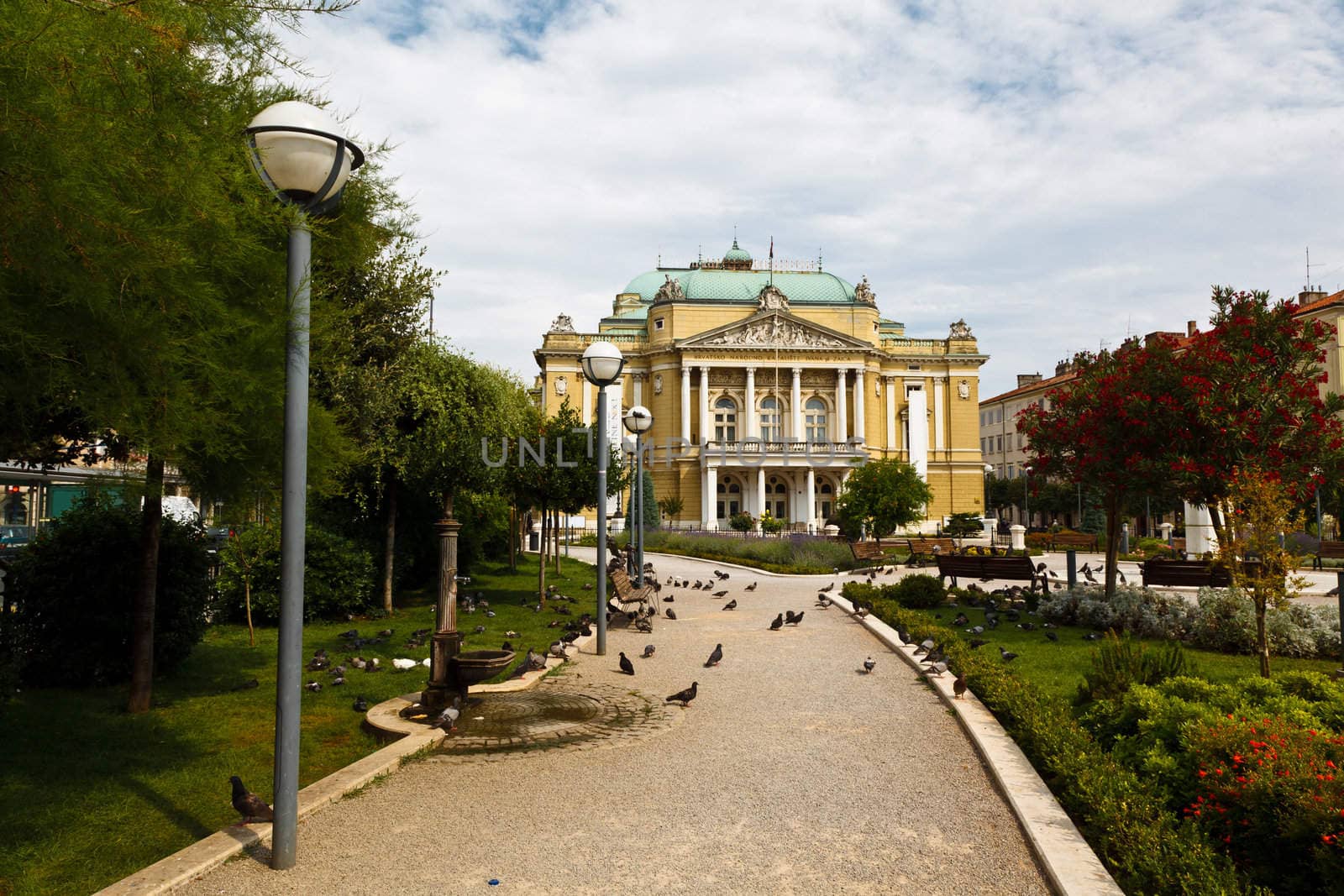 Kasalisni Park and Theater Building with Pillars in Rijeka, Croatia