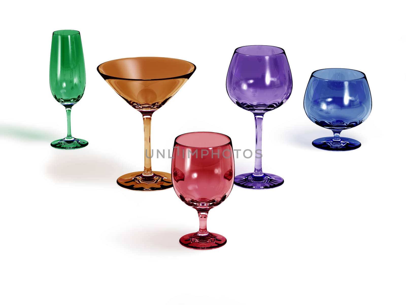 Five different colored glasses on a white background