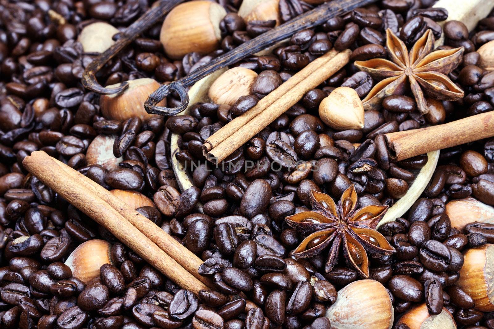 Background of gourmet coffee ingredients: coffee beans, ground coffee, hazelnuts, vanilla and cinnamon bark in a wooden spoon.