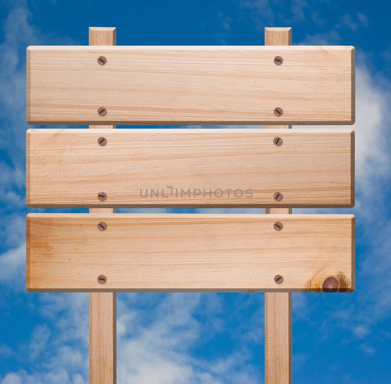 Wood sign isolated  with clipping path, sky background.