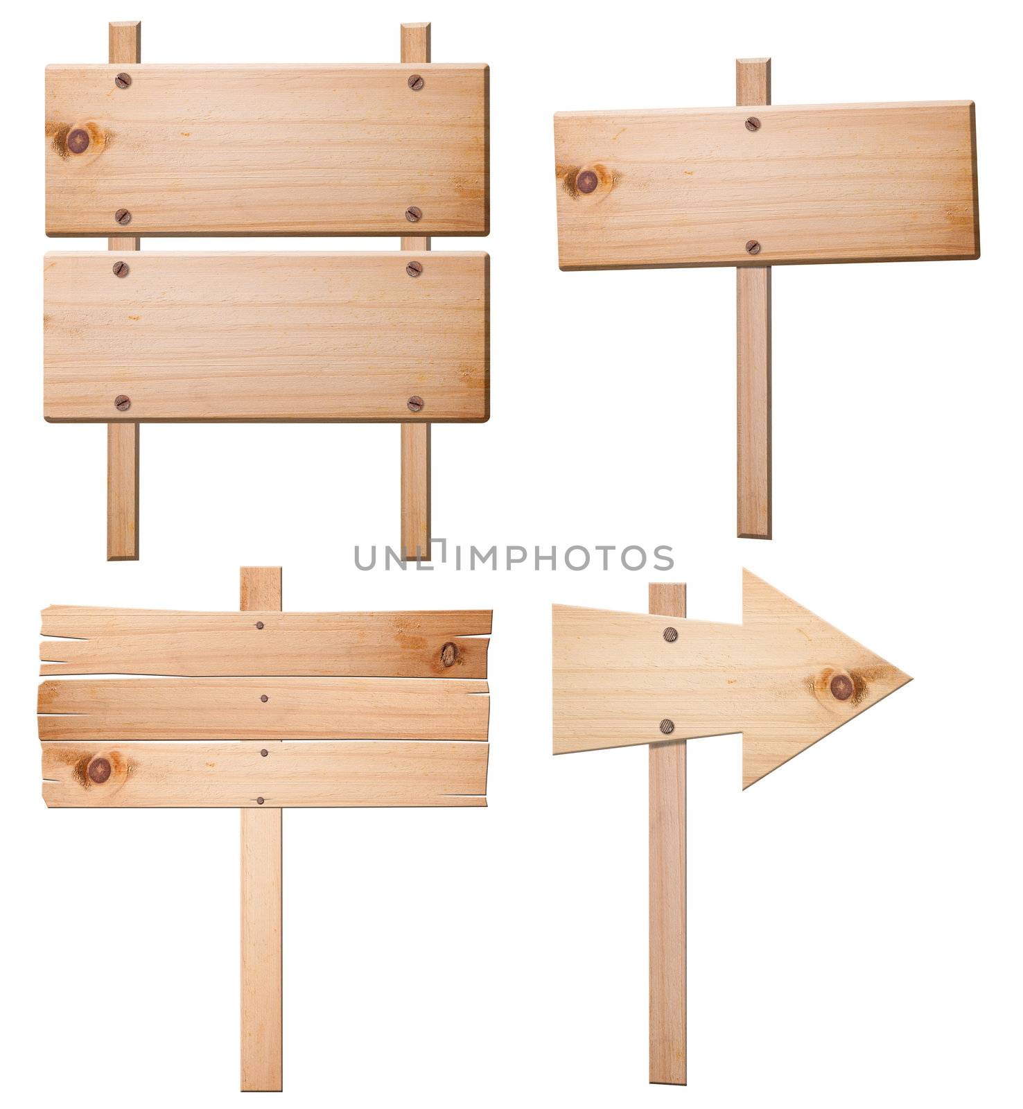 Assorted wood sign isolated on white with clipping path.