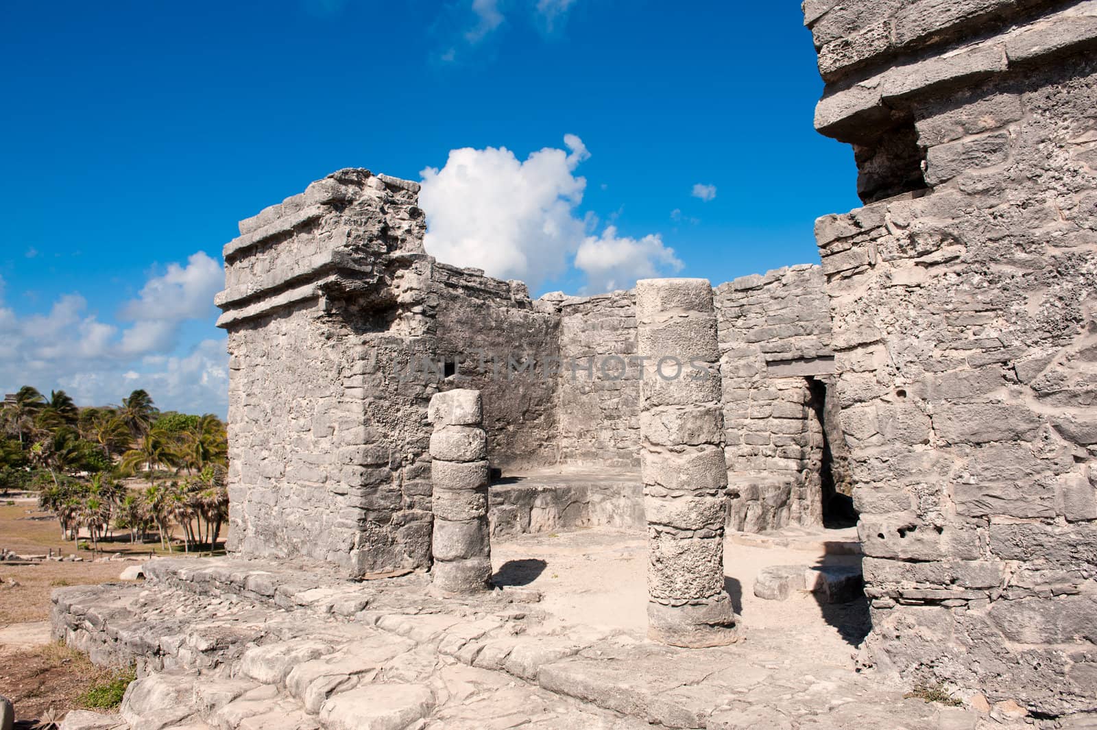 Temple at Tulum maya ruins, southern Mexico.