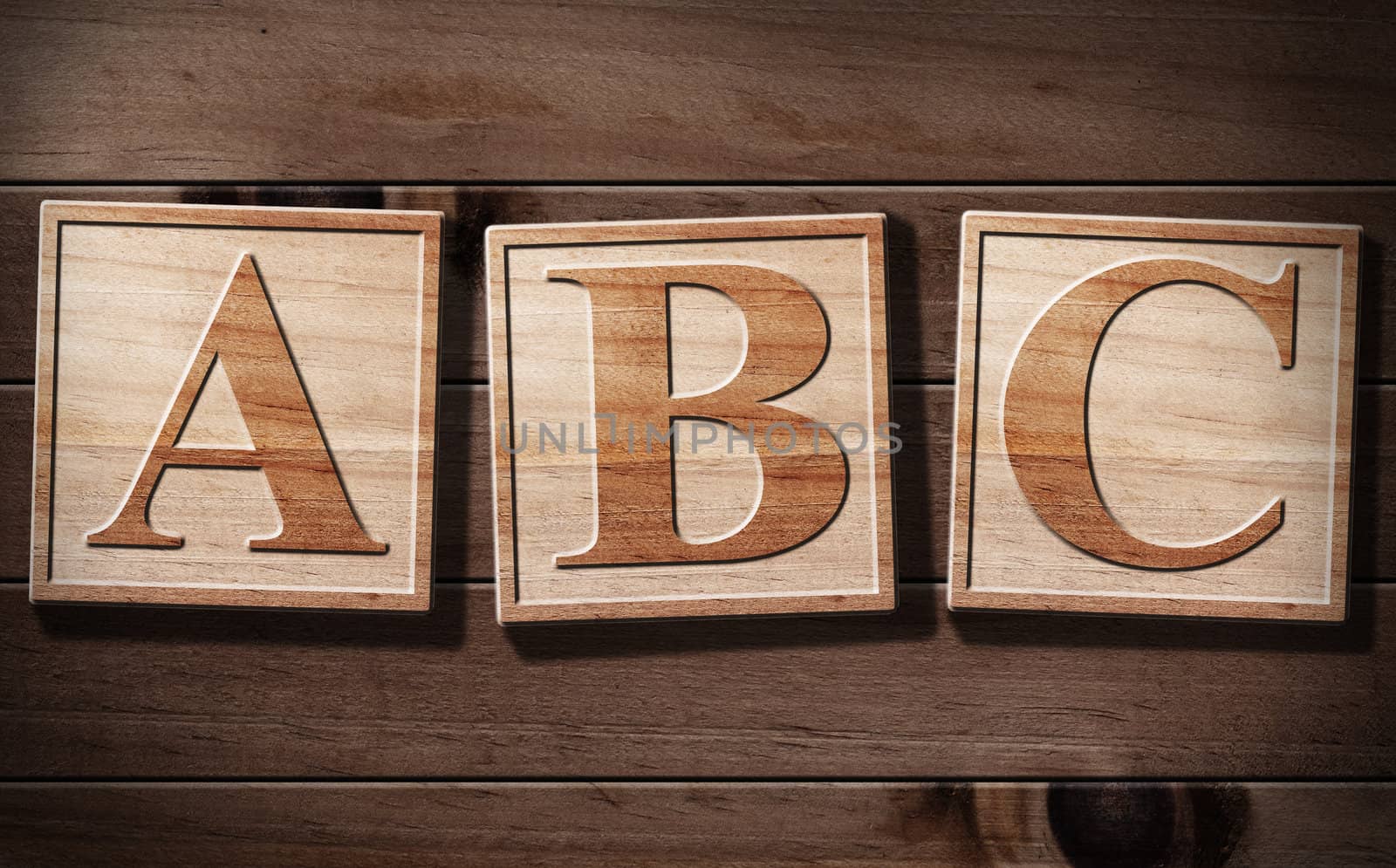 ABC 3D Text with wooden background.