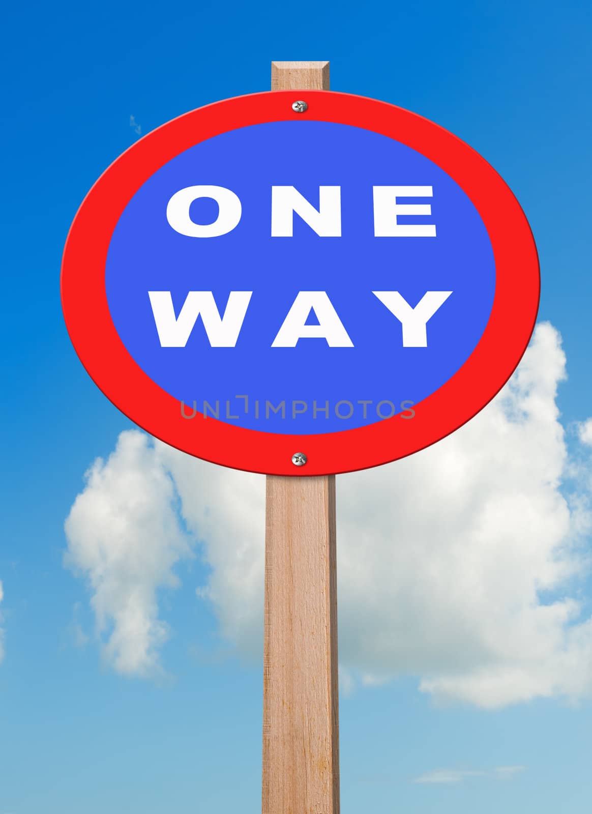 One way roadsign, with sky background, clipping path.